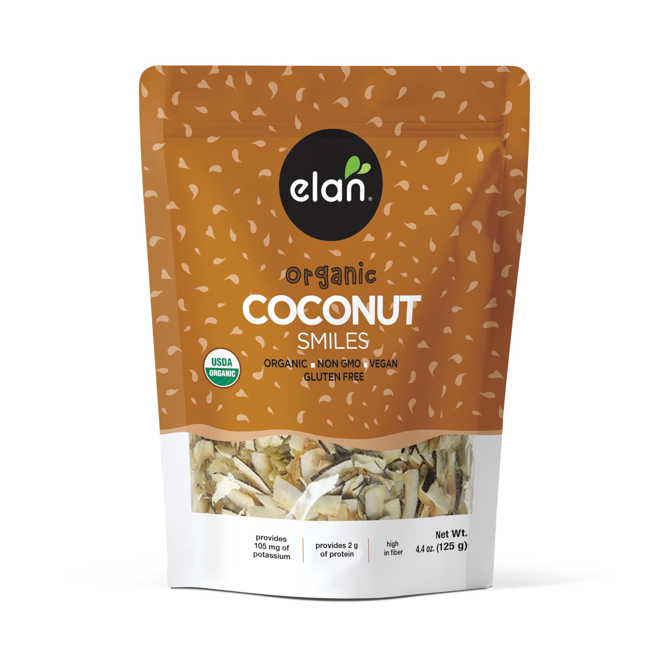 Elan Organic Coconut Smiles, 4.4 oz, Dried Coconut, Lightly Roasted, Unsweetened Coconut Chips, No Sugar Added, Non-GMO, Vegan, Gluten-Free, Kosher