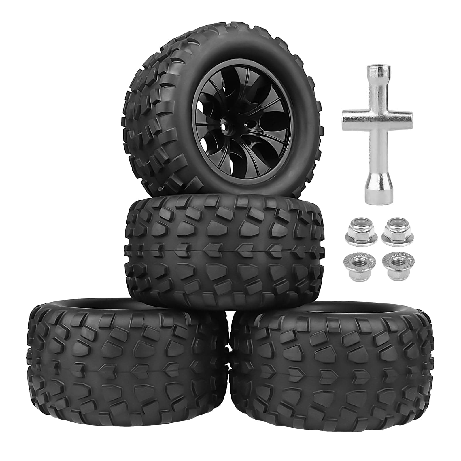 Pre-Glued 2.8 Tires 1/10 Scale RC Truck Wheels and Tires 12mm Hex for Traxxas Rustler Stampede 4x4 & 2WD Slash Hoss 4WD Redcat Volcano Epx Pro, Set of 4