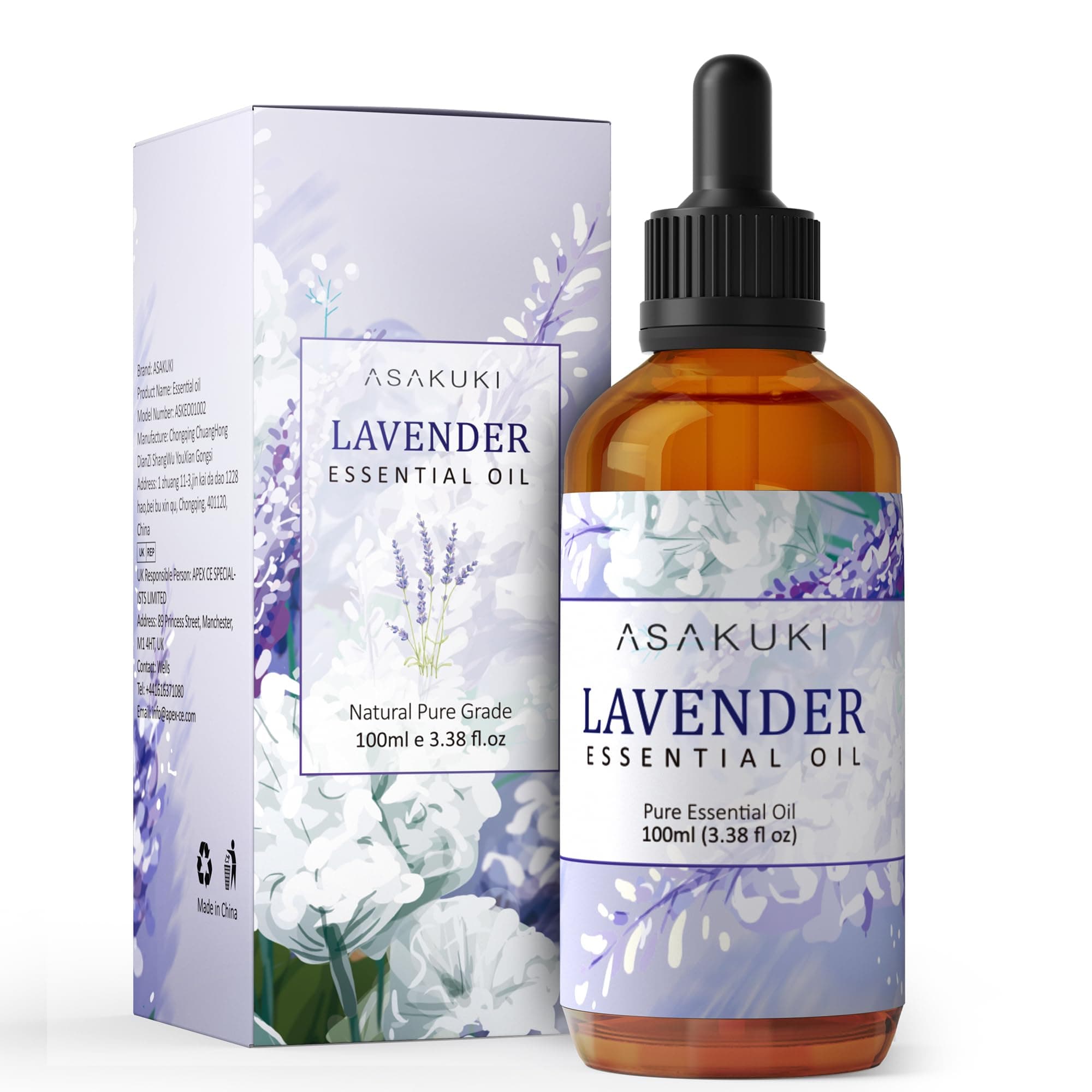 ASAKUKI Lavender Essential Oil 100ml, Natural Therapeutic Grade, Aromatherapy Oil Lavender for Better Sleep, Health Care, Relaxation, Ideal for Humidifier, Diffuser & Wellness
