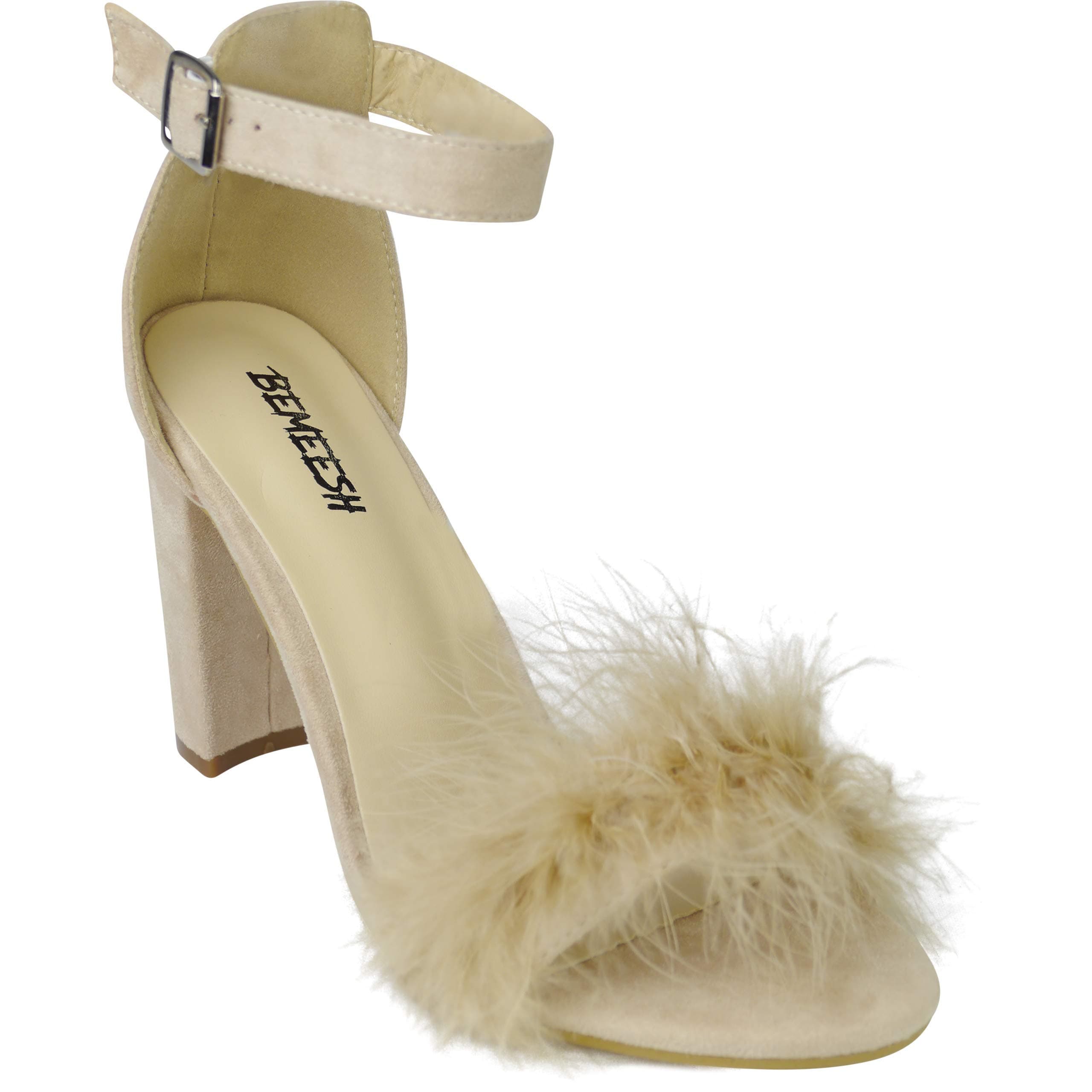 BeMeesh Womens Ladies Fur Sandal High Heels Shoes Fluffy Strappy Stiletto