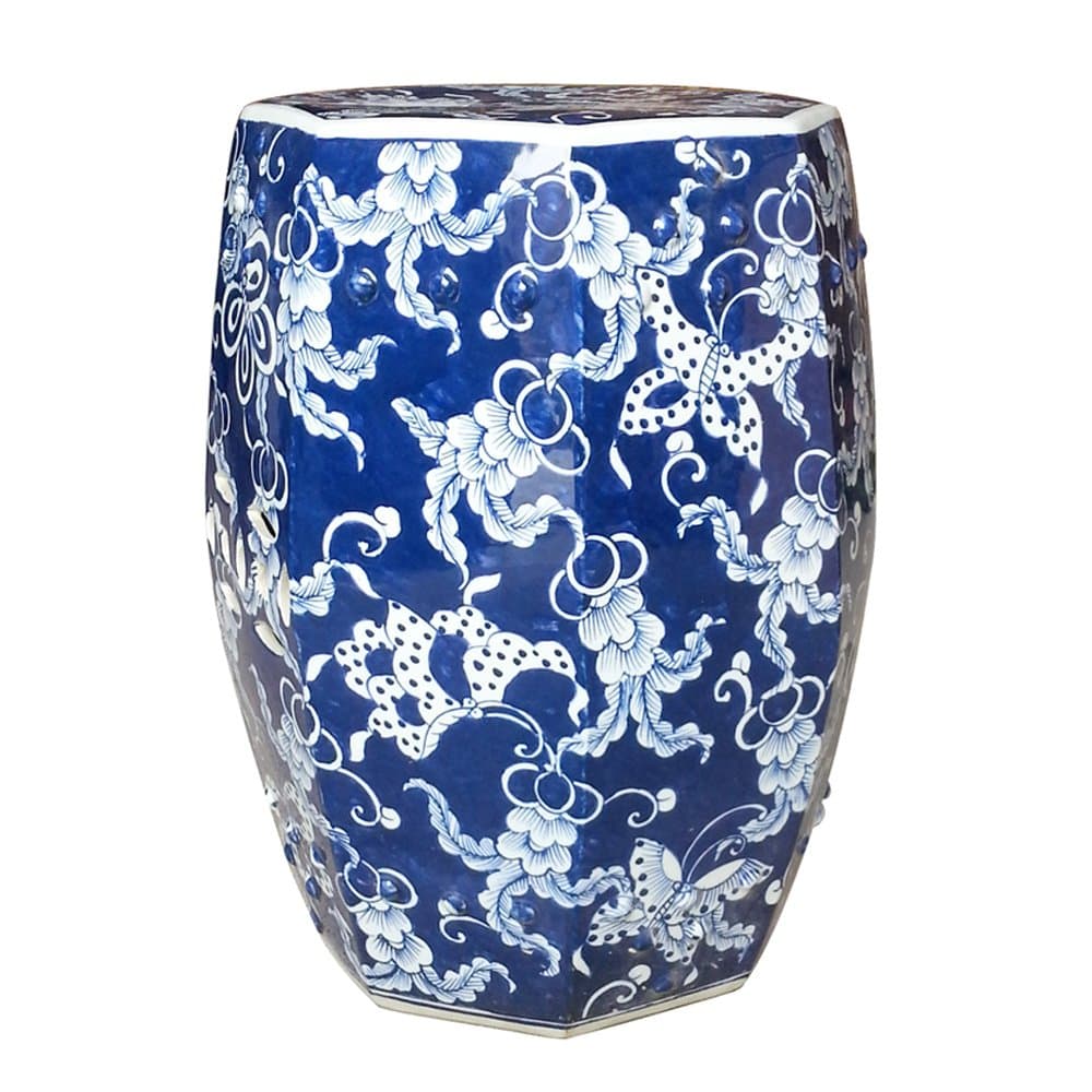 Asian Oriental Ceramic Blue & White Hexagonal Butterfly Garden Stool