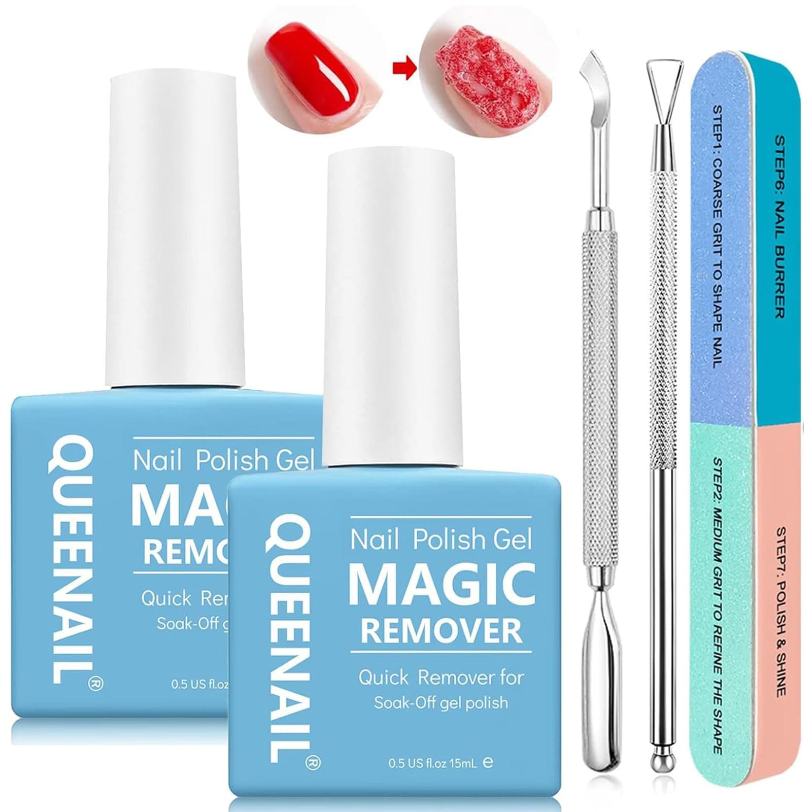 2 Pieces 15ml Gel Nail Polish Remove, Gel Nail Polish Remover For Nail Art with 2 Gel Polish Scraper & 1 Nail File, Easily & Quickly Remove Nail Polish Peel off in 3-5 minutes