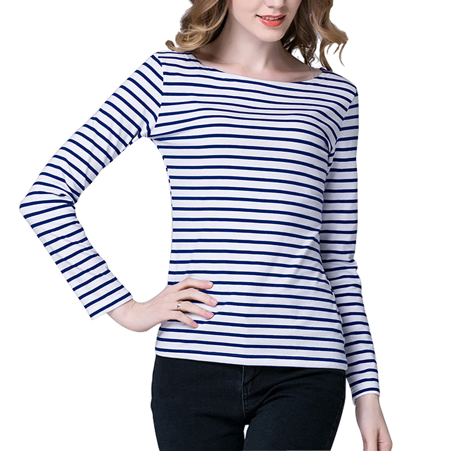 Women's Casual Long Sleeve Shirts Stripe Tees Round Neck Tank Tops