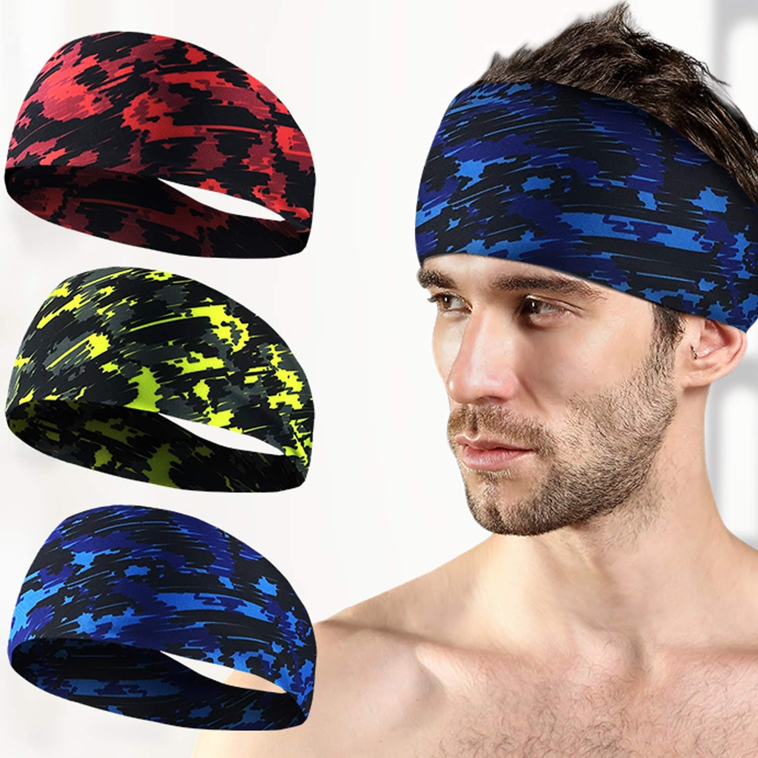 3 Pack Workout Headbands for Men Women, Sweat Wicking Hair Bands for Sports Fitness Yoga Running Elastic Head Band