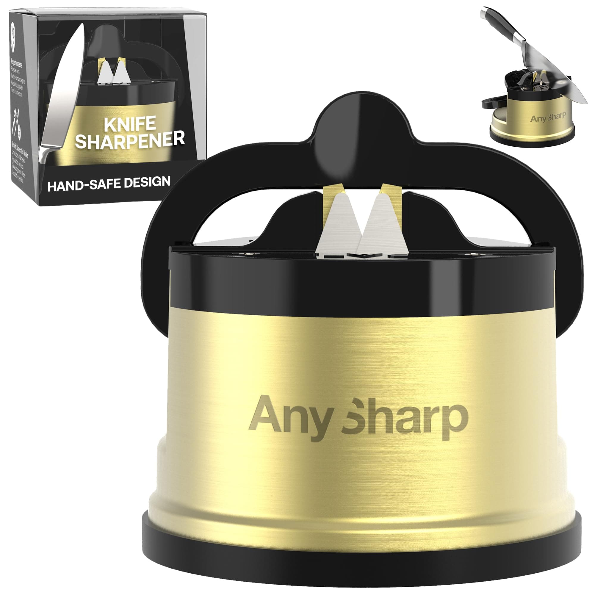 AnySharp – Chef – Hands Free Knife Sharpener - Easy to Use Sharpening Tool with PowerGrip Suction Base and 20-Degree Pre-Set Angle - for All Knives: Chef's, Serrated, and Hardened Steel - Brass
