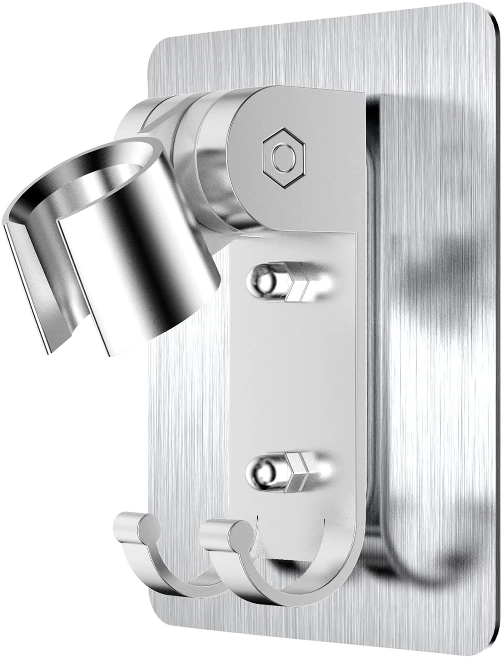 Shower Head Holder, Adjustable Wand Holder with 2 Hanger Hooks, Wall Mount Bracket, Aluminium Alloy, Silver