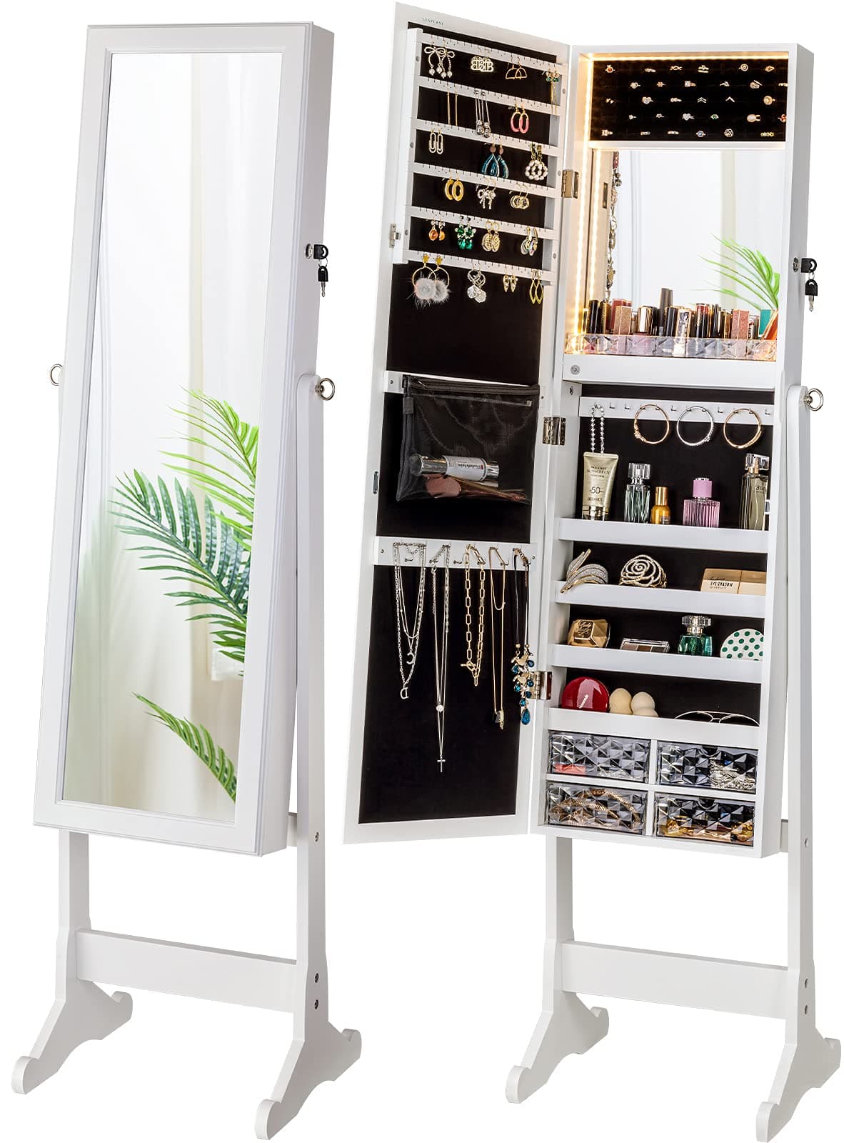 LUXFURNI LED Light Standing Jewelry Cabinet Armoire, Full Length Mirror with Storage, Lockable Large Storage Jewelry Organizer Mirror w/Drawers (White)