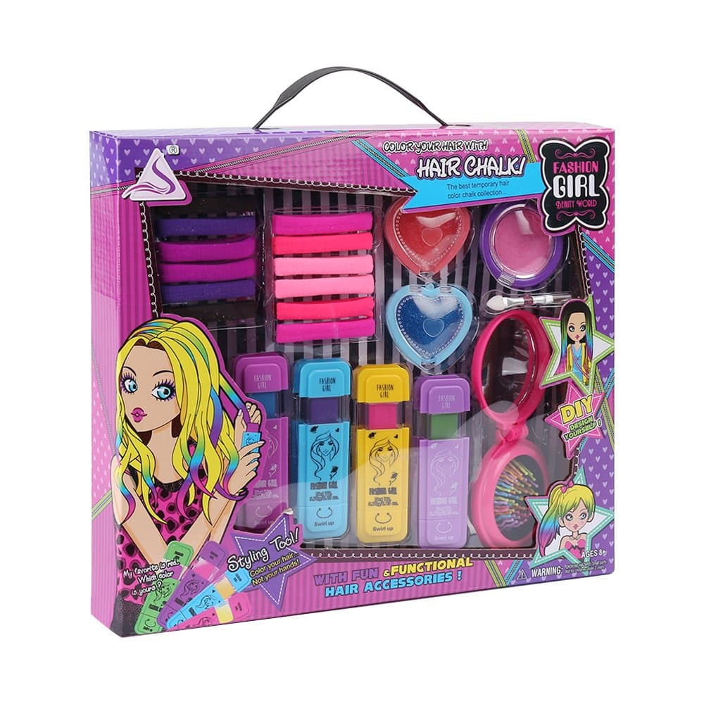 Shinehalo J-507 Portable Non-Toxic Dye Hair Coloring Chalk for Girls Kids Temporary Styling Cosmetic Sets with Glittering Eye Shadow Comb Mirror Blusher Lip Gloss Rubber Band Brush Accessories 21 Pcs