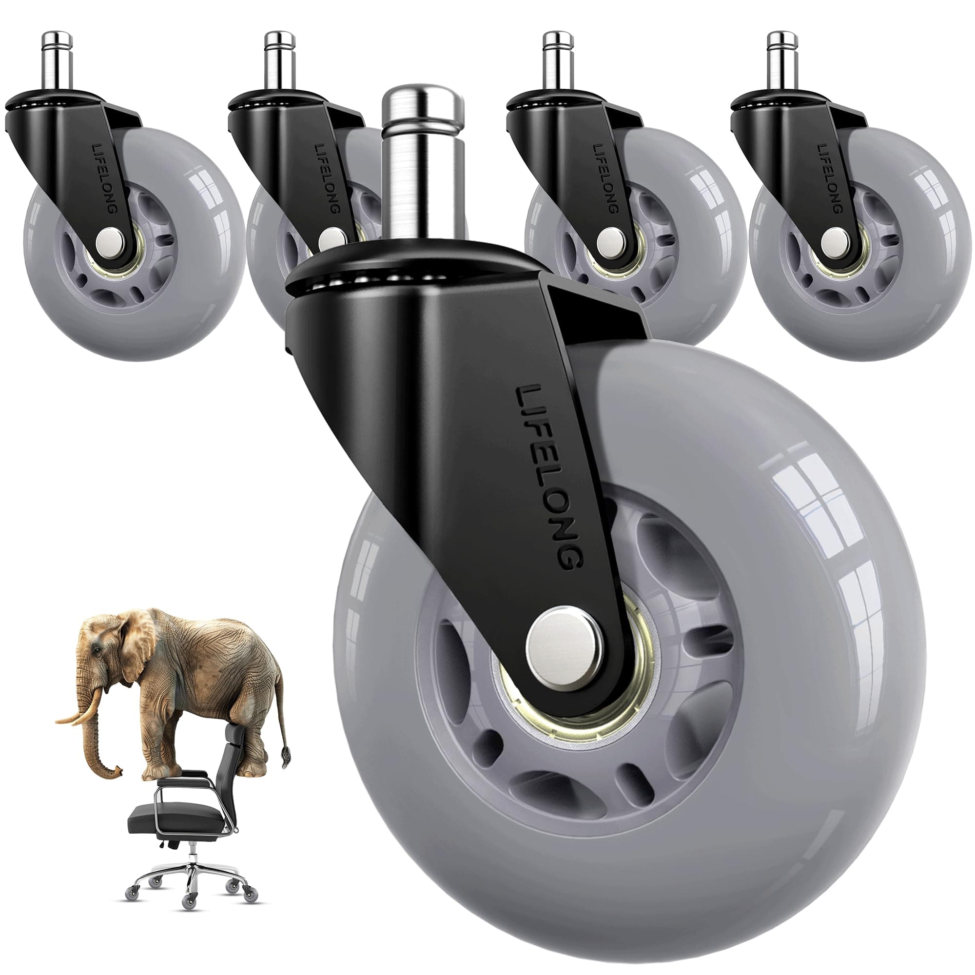 Lifelong Office Chair Wheels Replacement Rubber Desk Chair Casters for Hardwood Floors and Carpet, Set of 5, Smooth Rolling Casters for Chairs to Replace Office Chair Mats - Fits 98%