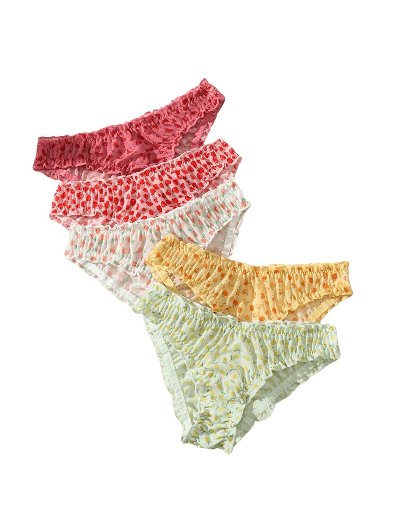 Women's 5 Pack Cute Briefs Frilly Lettuce Trim Mid Rise Mesh Panty Sets Underwear
