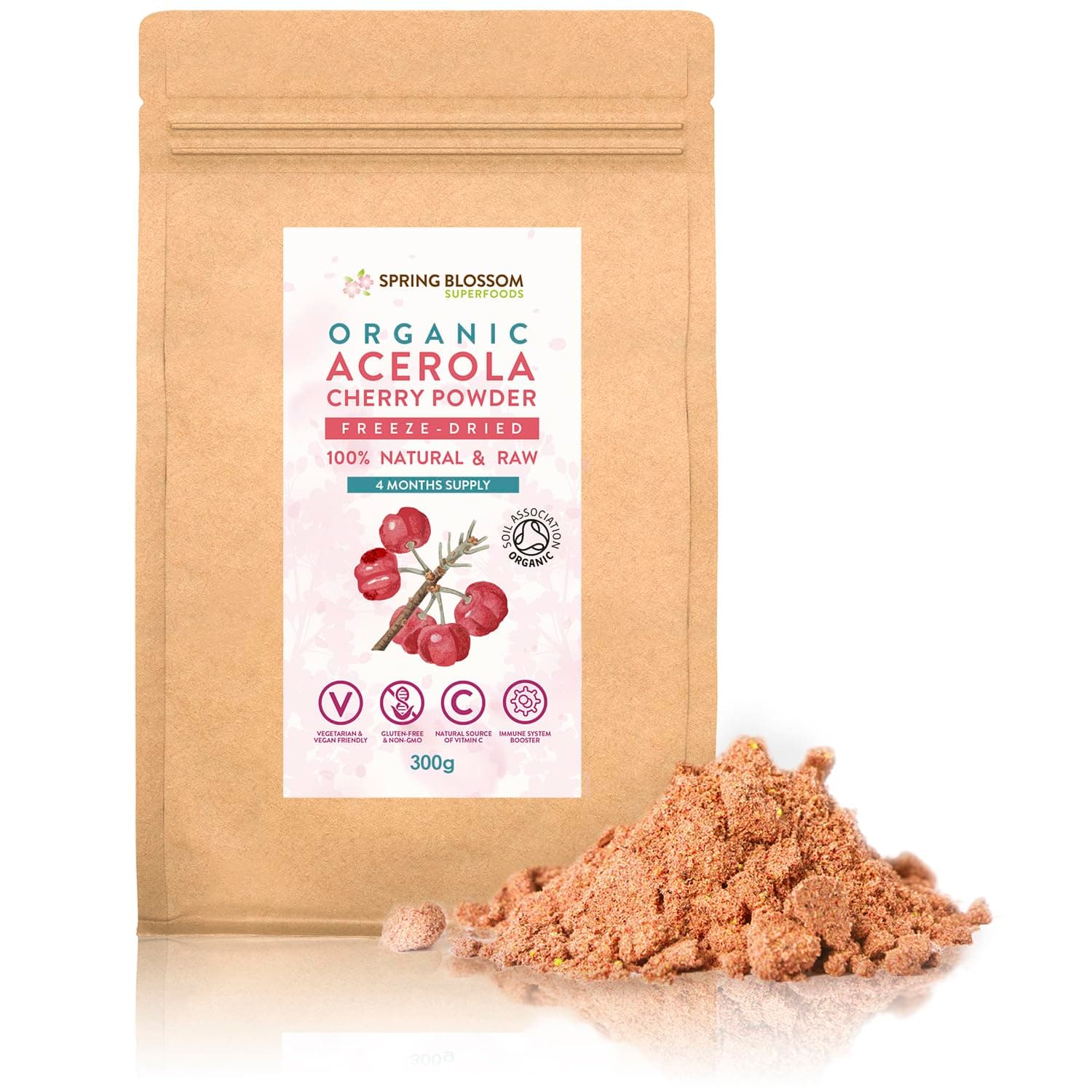 – 300g Organic Acerola Cherry Powder Freeze-Dried 100% Natural Vitamin C Raw Extract Food Supplement Immune System Booster Vegan Gluten-Free Superfood Ascorbic Acid Alternative No Additives Non-GMO