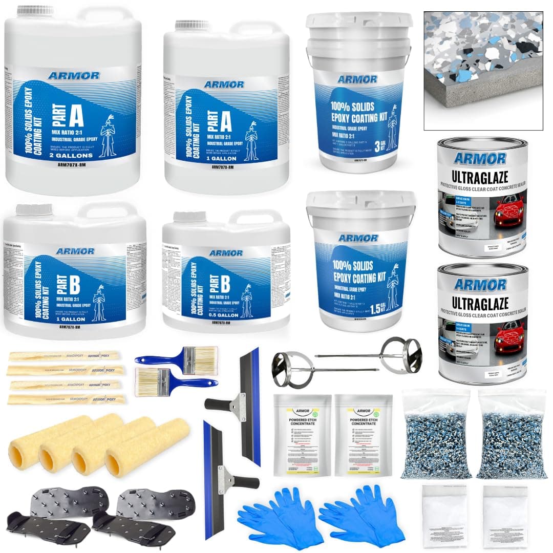 Garage Epoxy Floor Kit – 100% Solids - 2 Part Industrial-Grade Coating w/UltraGlaze Topcoat | DIY Slip & Hot Tire Resistant | 900 Sq Ft - Medium Gray- 32 pc kit
