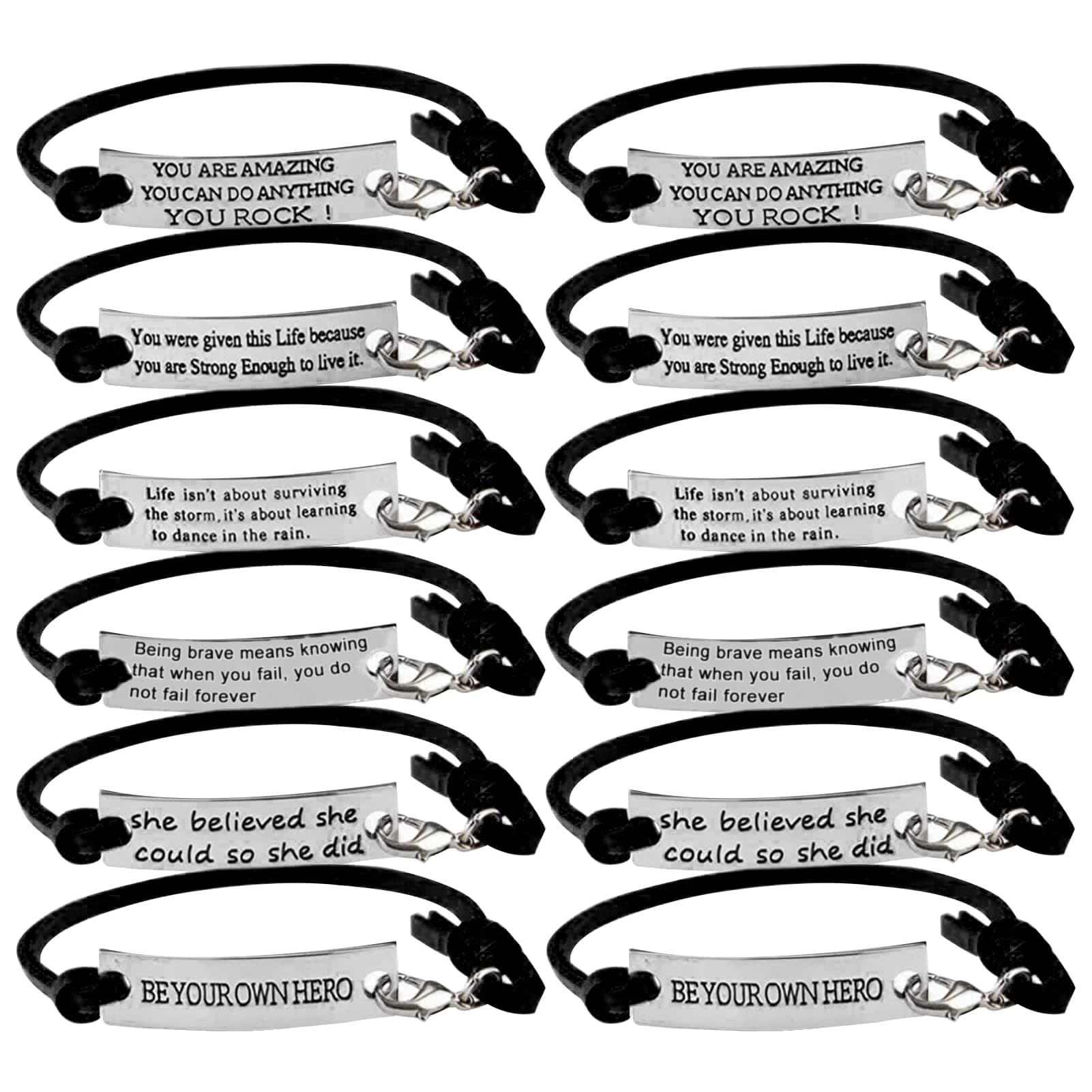 Pack of 12 Inspirational Message Leather Bracelets, Cuff Bangle Motivational Quotes Words Engraved, Friend Encouragement Jewery Gift for Women Teen Girls Students