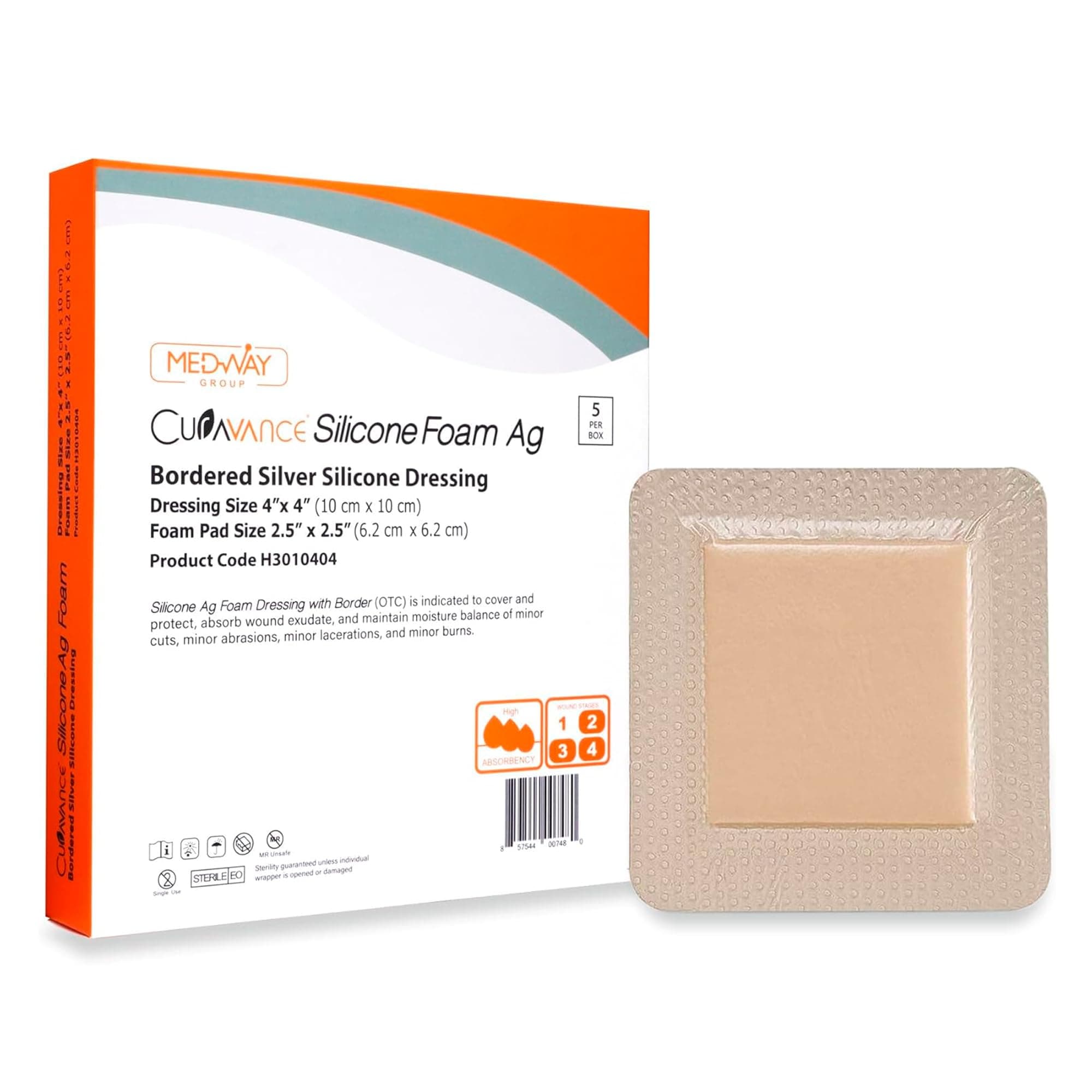 MedVance Bordered Silver Silicone Ag Sterile Absorbent Dressing, 4"x 4" (2.5"x 2.5" Pad), 5 dressings/Box, 5 Count (Pack of 1)