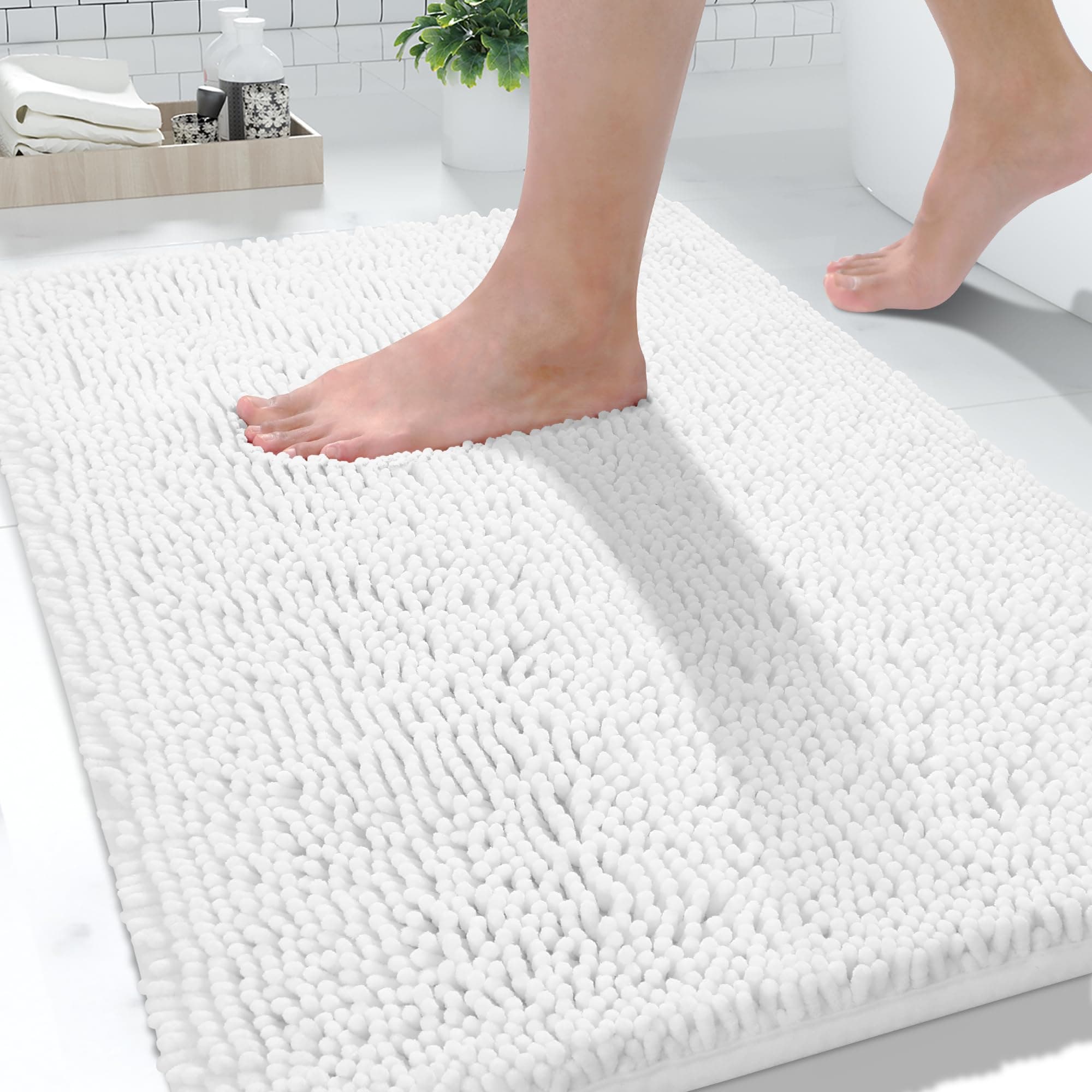Washable Bathroom Rugs, Super Soft & Absorbent Chenille Bath Mat for Floor & Carpet, Quick Dry Non Slip Bath Mat for Tub Shower, 24" x 17",White