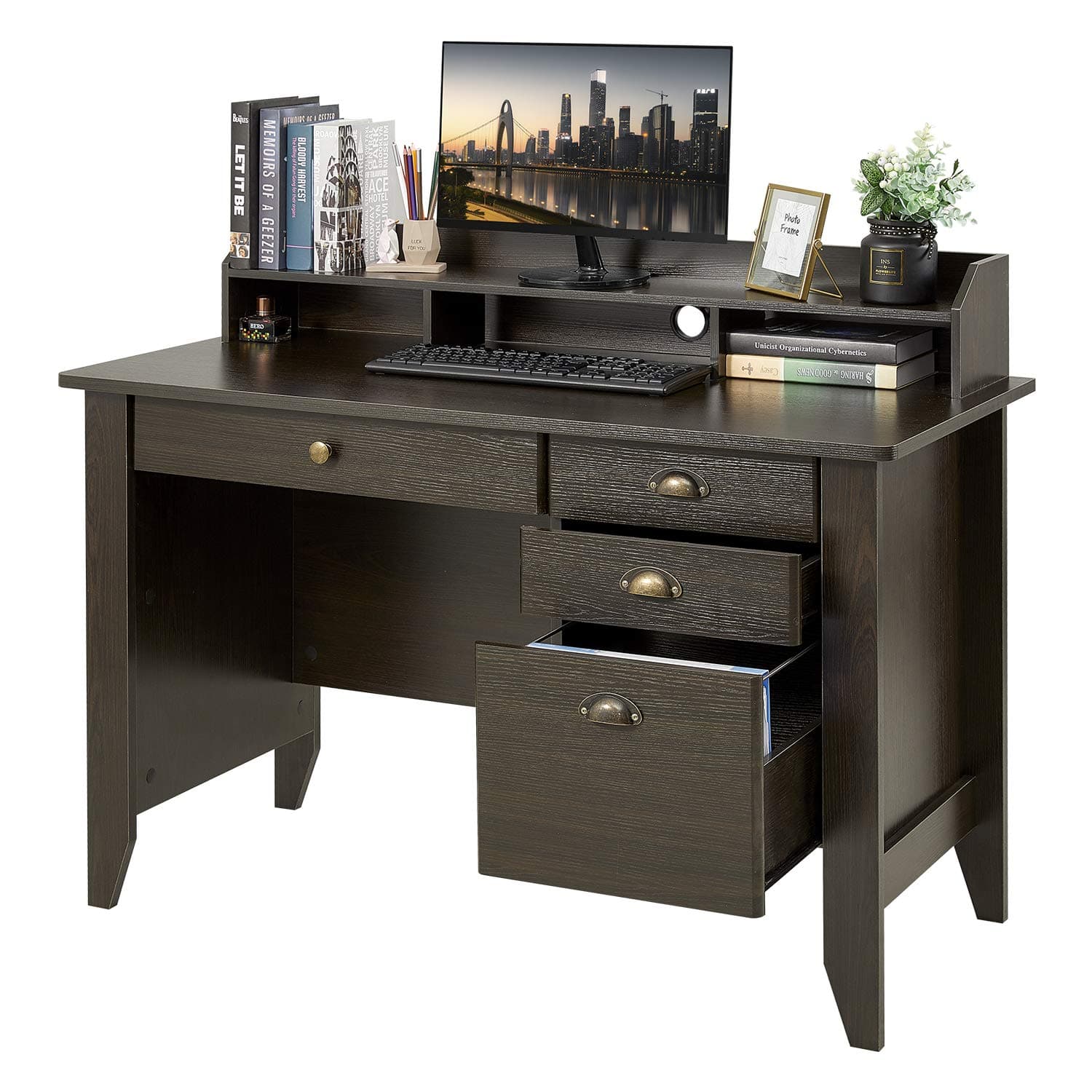 Computer Desk with 4 Drawers and Hutch Shelf, Home Office Desk Writing Sturdy PC Laptop Notebook Desk, Spacious Desktop Vintage Style Brown