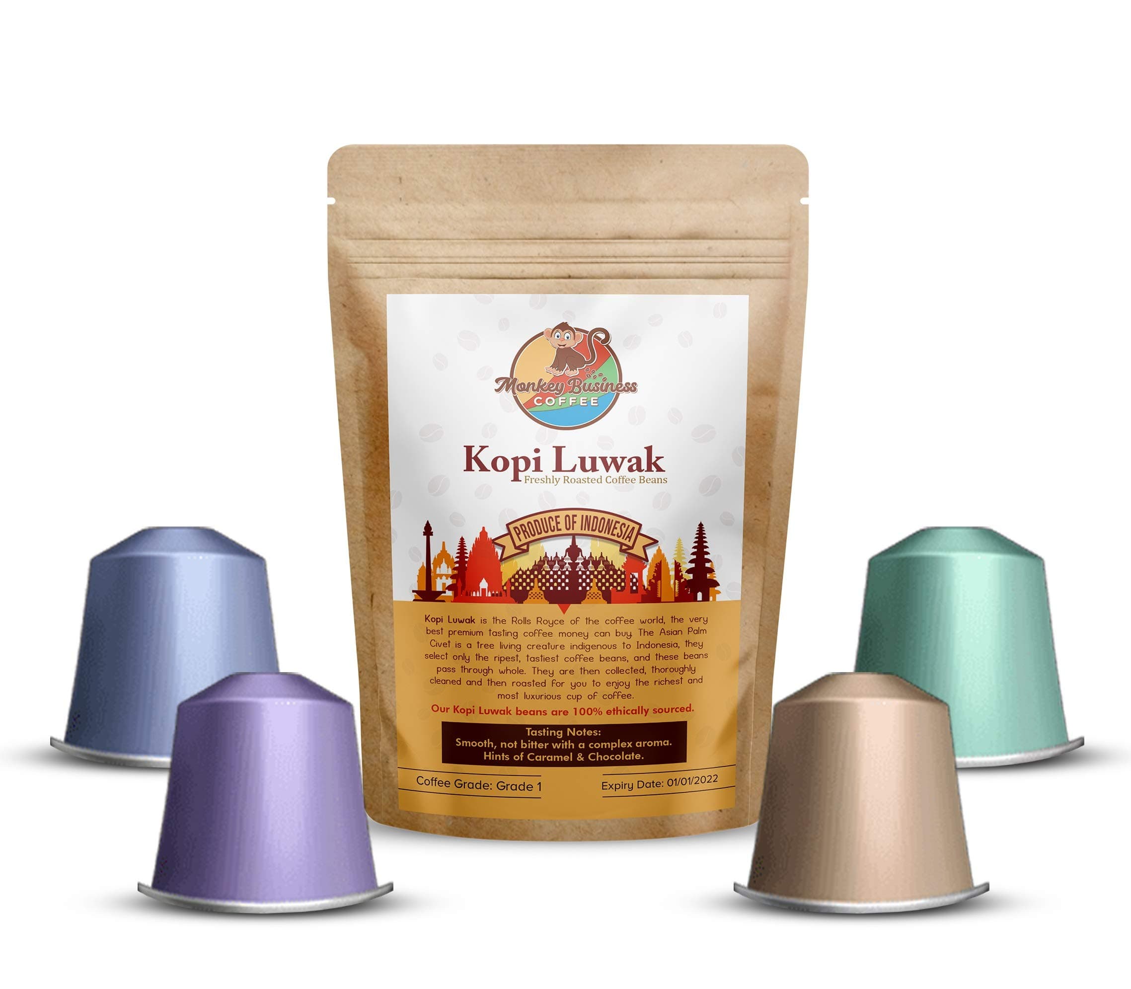 Monkey Business Coffee Pods - Wild Kopi Luwak Coffee in Nespresso Compatible Capsules - 10 Capsules - Sustainably Sourced (from Indonesia)