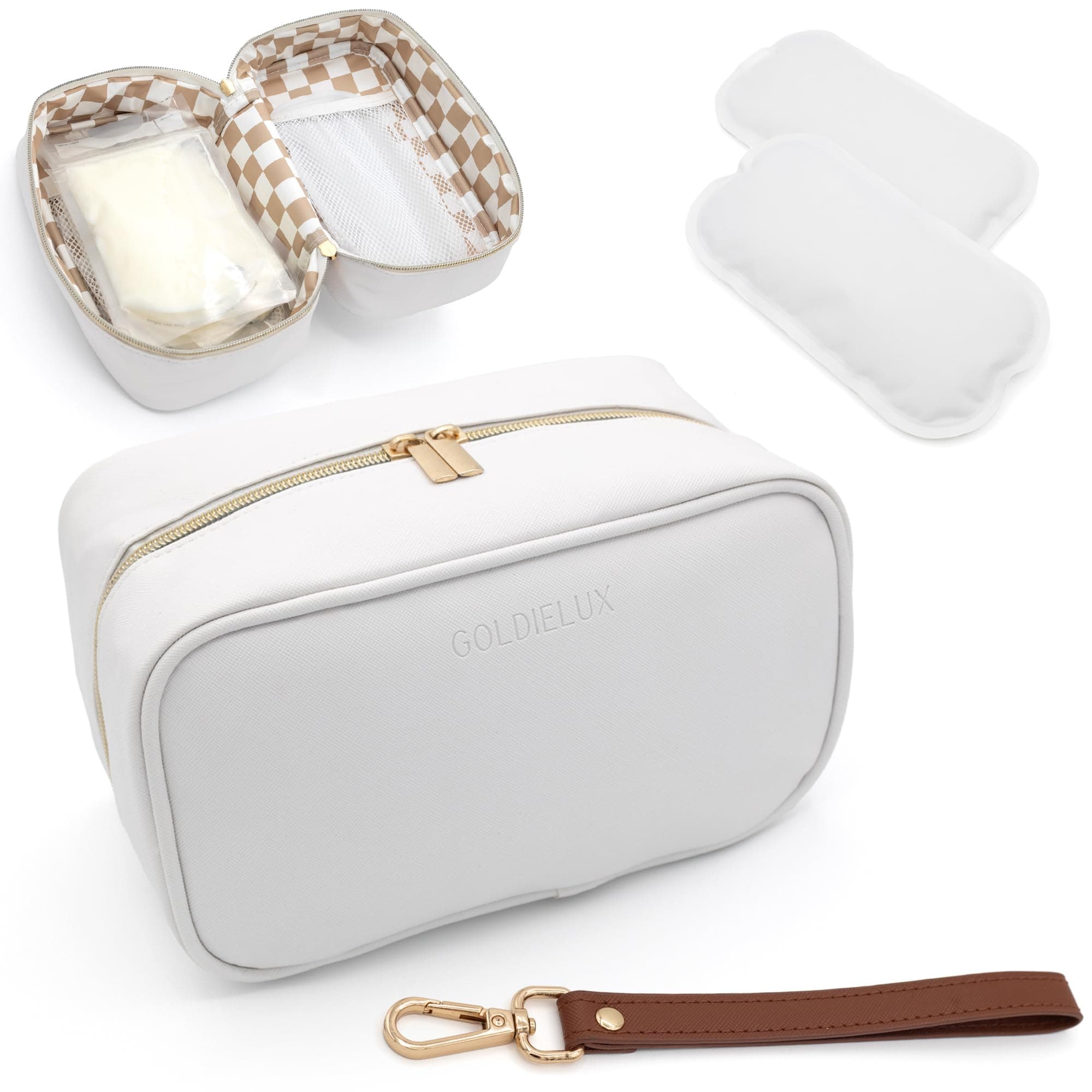 Breast Milk Cooler Travel Bag - Waterproof Breastmilk Storage Bag Cooler w/Ice Pack, Checkerboard Interior, Leather Strap, & More – Versatile Insulated Cooler Bag - Ideal Baby Travel Essentials