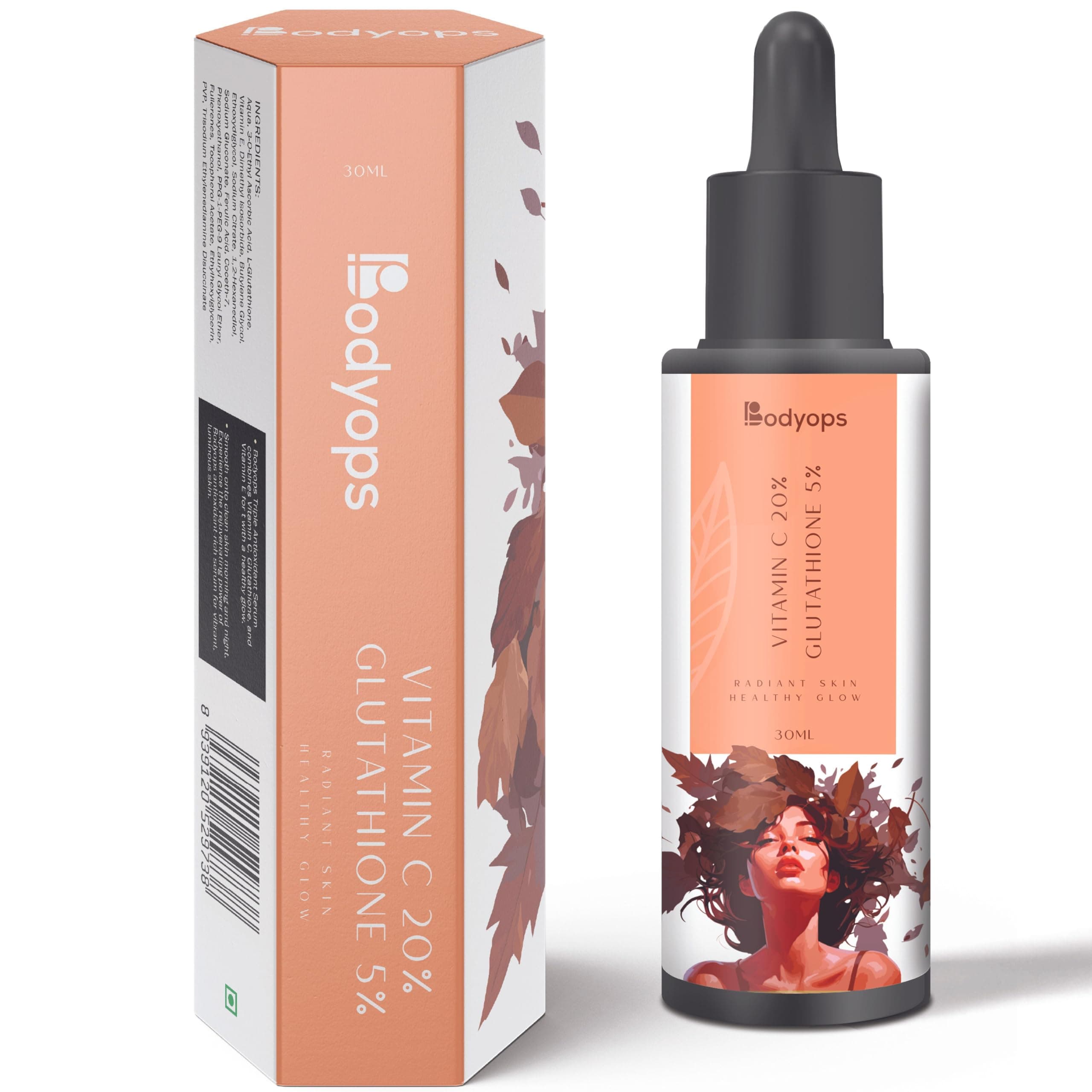 Bodyops 20% vitamin C 5% L - GLUTATHIONE 3% VITAMIN E Face Serum for Clear Glowing Skin | Effective for Pore Minimizing | Hydrates and Repairs Skin for Men & Women - 30ml (Pack of 1)