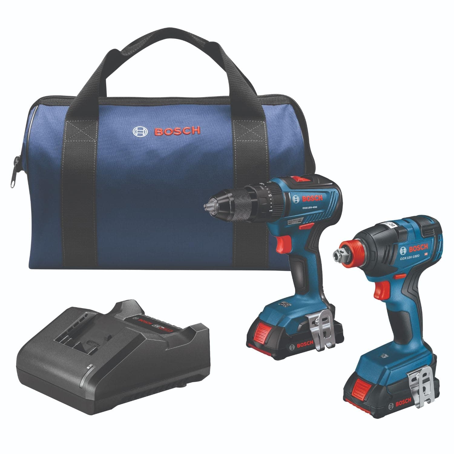 Bosch GXL18V-240B22 18V 2-Tool Combo Kit with 1/2 In. Hammer Drill/Driver, Freak 1/4 In. and 1/2 In. Two-In-One Bit/Socket Impact Driver and (2) 2.0 Ah SlimPack Batteries