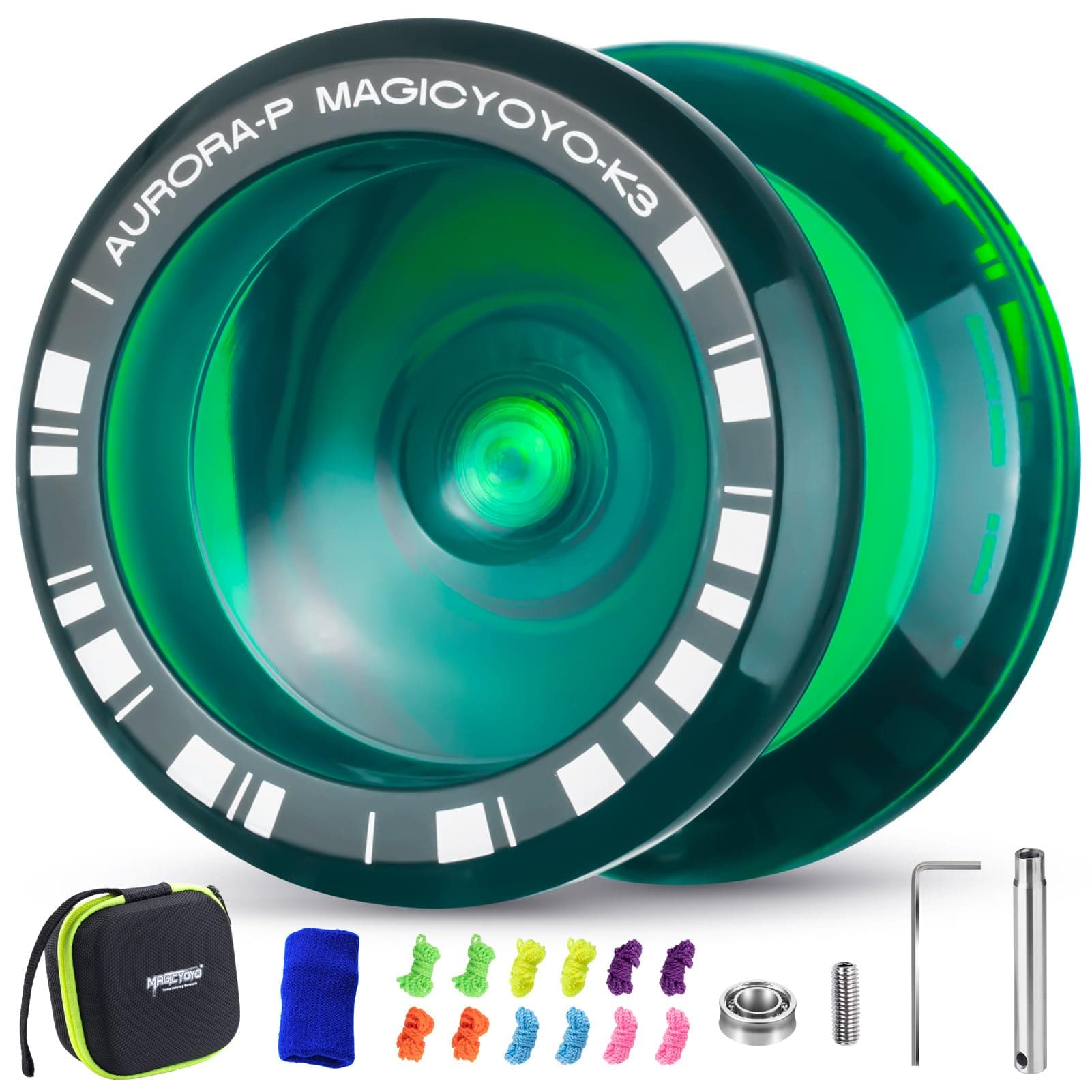Magicyoyo Crystal Yoyo K3 Aurora-P, Responsive For Kids, Pro Finger Spin Trick Advanced, With Unresponsive Bearing 12 Strings + Square Ball Bag (Dark Green)