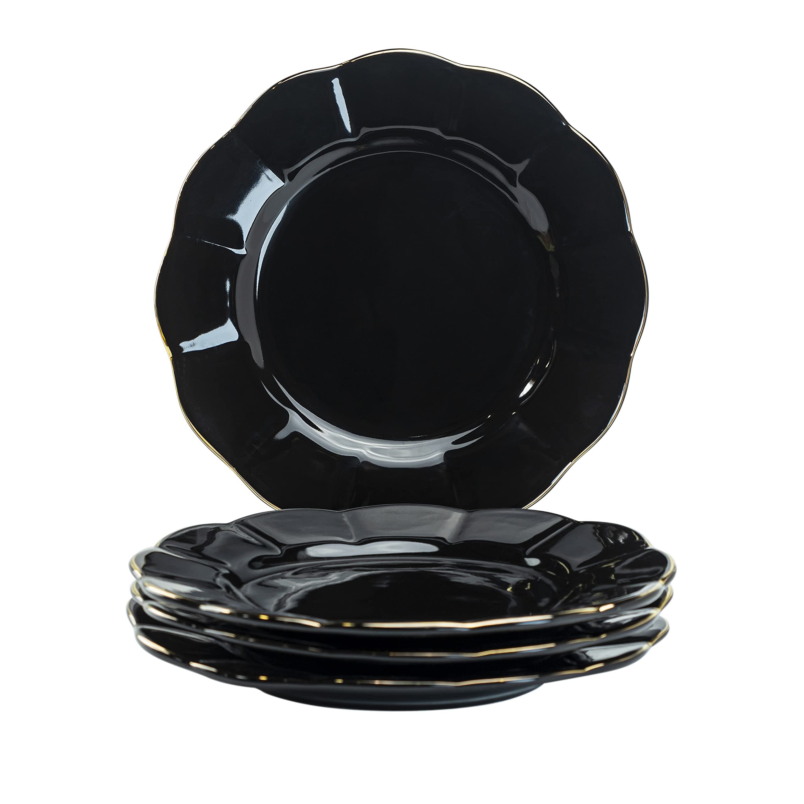 Gracie China Porcelain Black Gold Scallop Set of 4 Salad/Dessert Plates 8-Inch