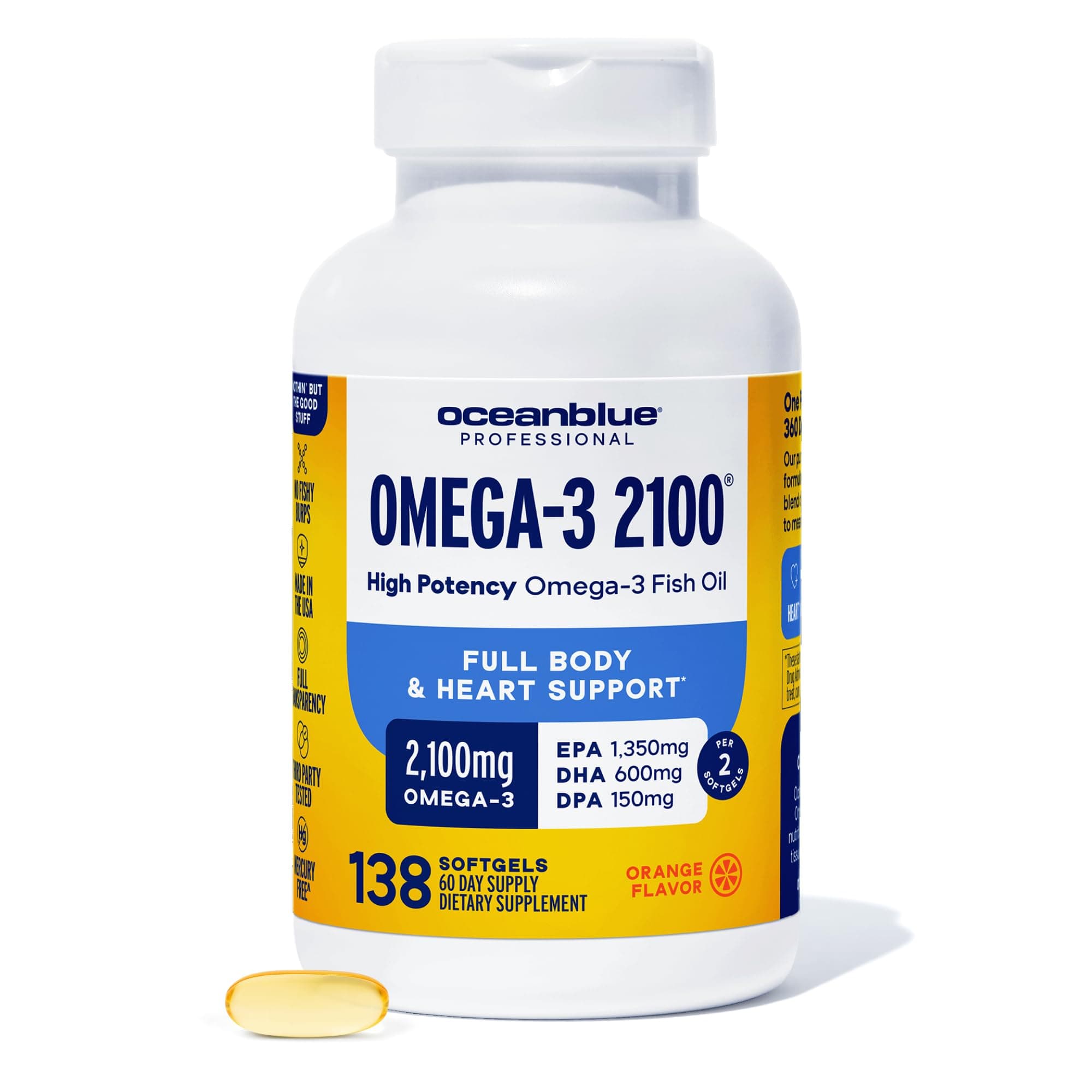 - Professional Omega-3 2100mg Fish Oil Supplement - Triple Strength, High Potency EPA, DHA & DPA - Burpless, Wild-Caught, Natural Orange Flavor - 138 Softgels