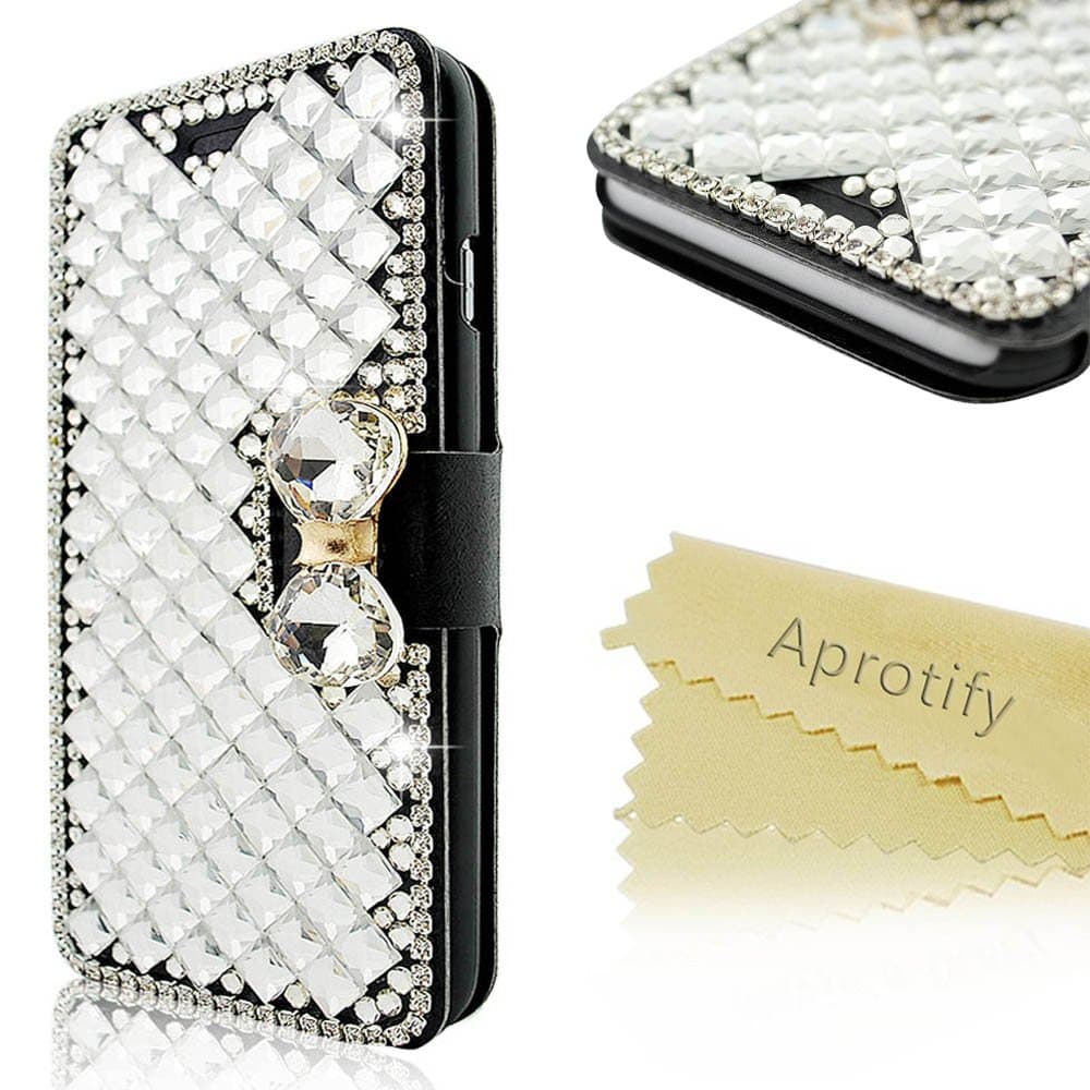 iPhone 6 Plus Case, Aprotify(TM) Sparkling Wallet Case for iPhone 6 Plus (5.5 inch) Bling Diamond Crystal Design Glitter Stand Cover Handmade Rhinestone Flip Leather Case with Card Slot - Black