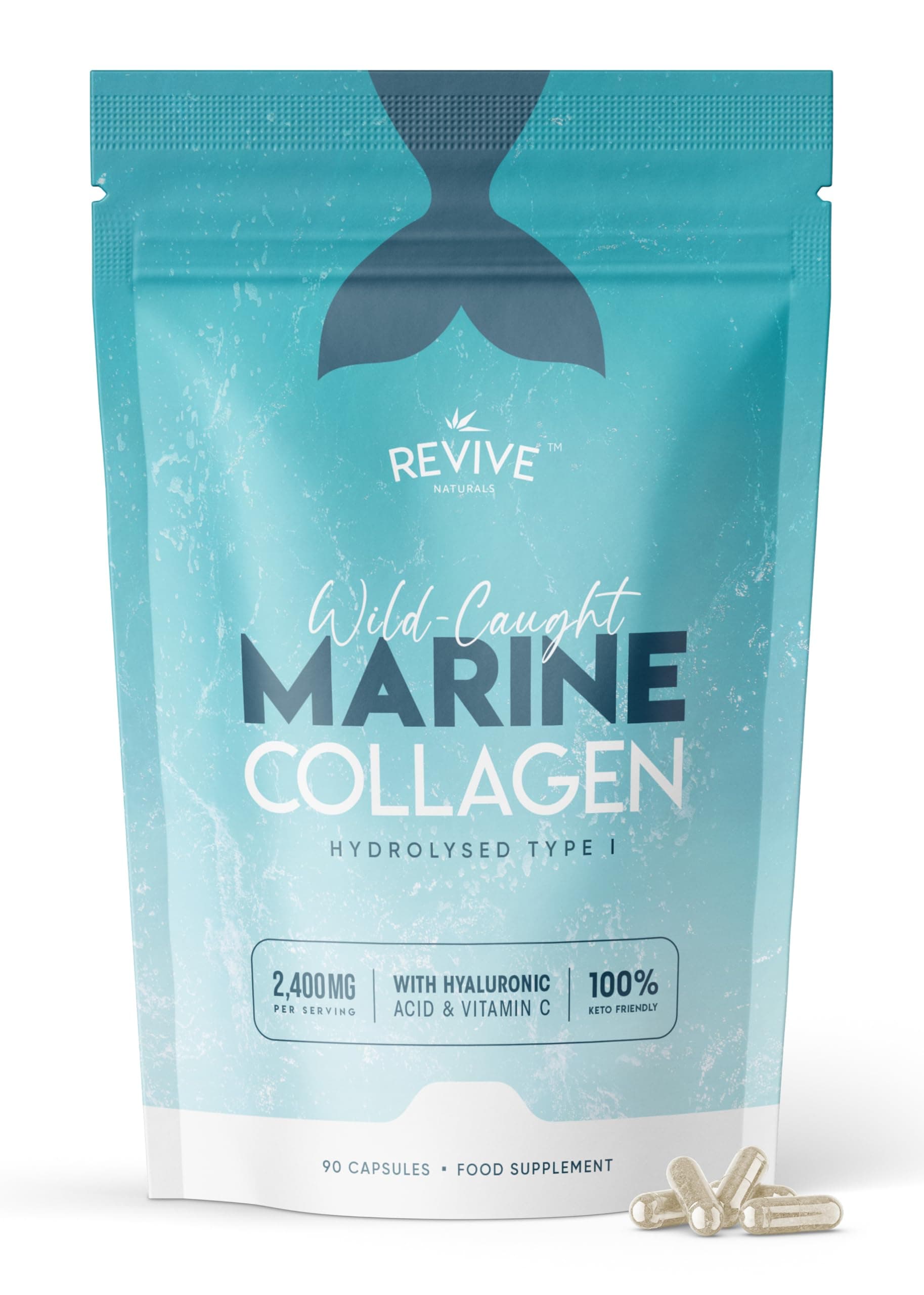 Marine Collagen Capsules 2400mg - with Hyaluronic Acid & Vitamin C - 90 Capsules - Premium Complex for Skin Joints & Hair for Women & Men – Resealable and Recyclable Pouch by Alpha01