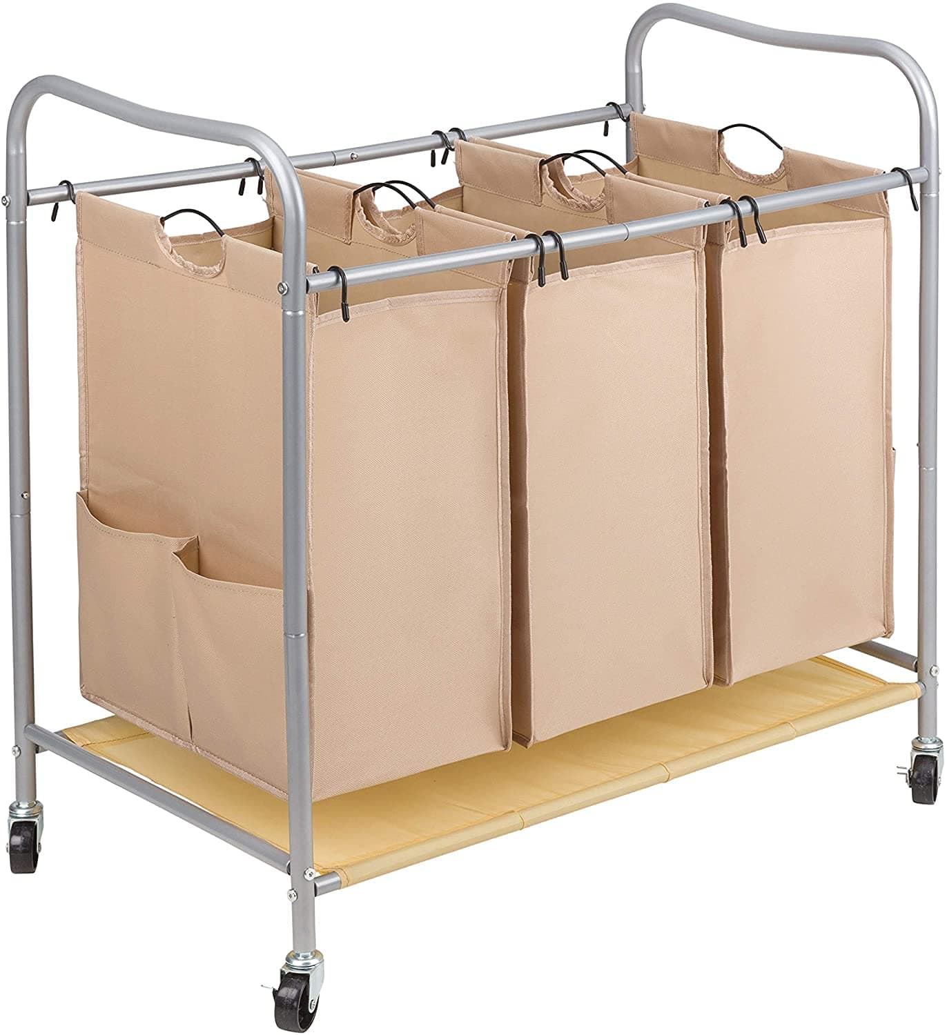 JINAMART 3 Heavy-Duty Laundry Hamper Sorter Bags with Two Pockets Each Side| Laundry Basket Cart with Wheels| Laundry Organization and Storage Bin for Bedroom, Bathroom, and Hotel (3 Bags, Beige)