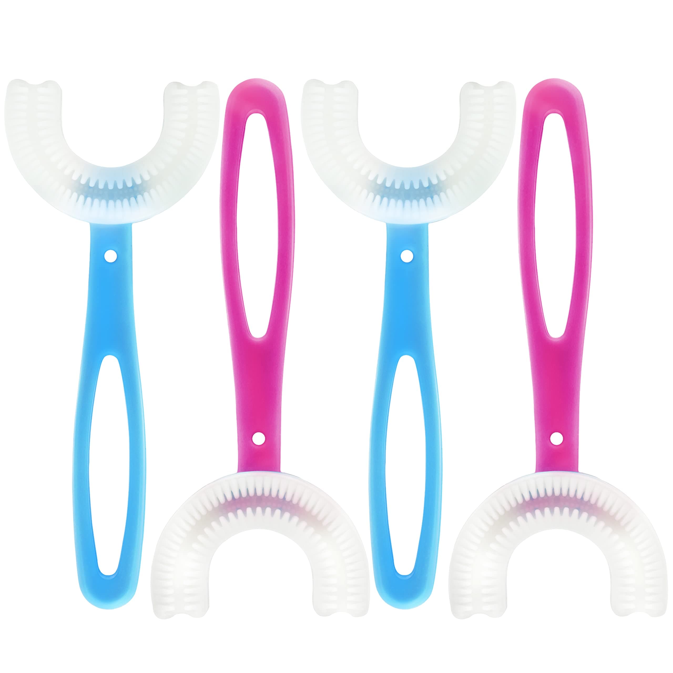 JAEZZIY U Shaped Toothbrush Kids,Food Grade Soft Silicone Brush Head, 360° Oral Teeth Cleaning Design for Toddlers and Children (Toothbrush Blue + Red 4 PCS)