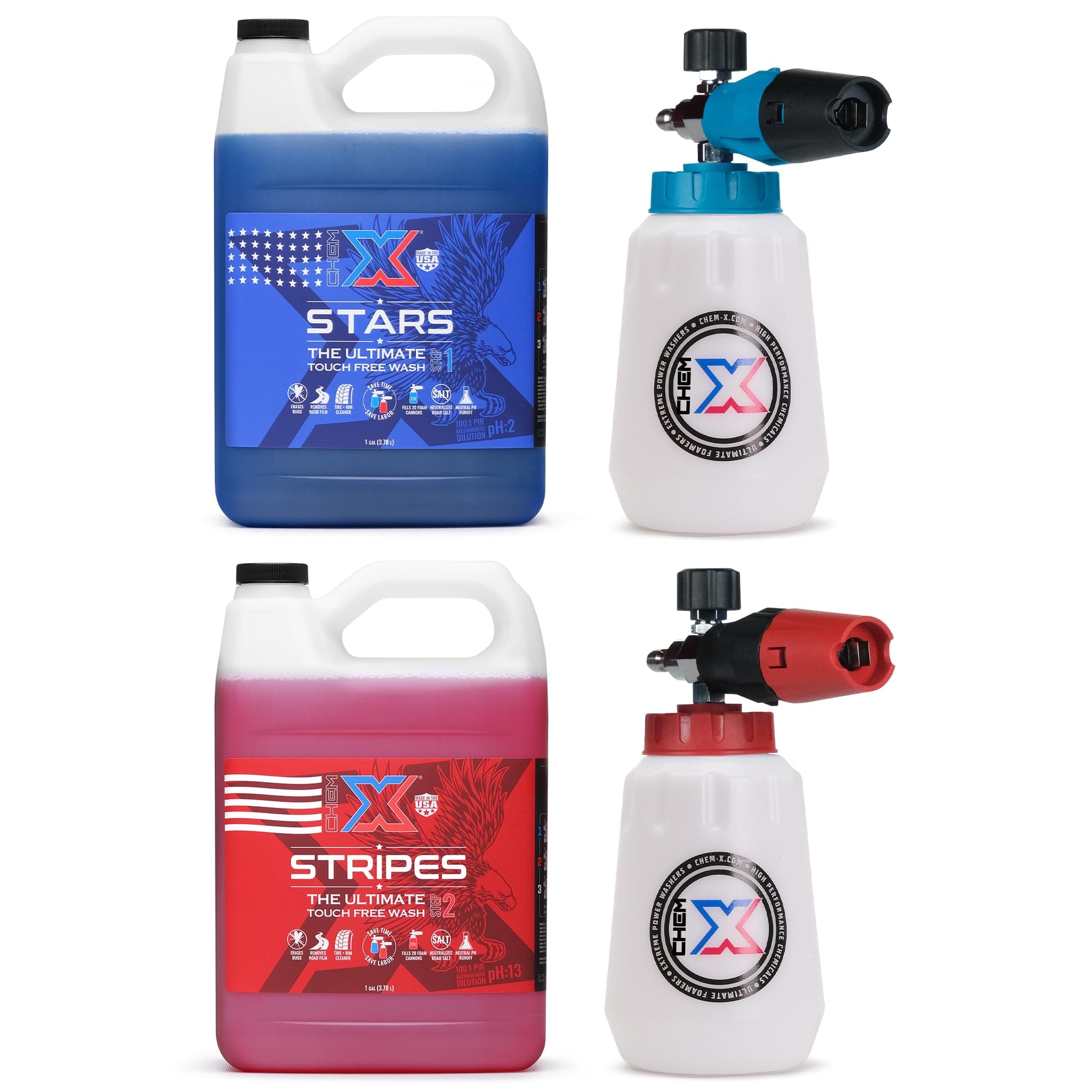 Chem-X: Stars and Stripes Ultimate Touch Free Vehicle Wash Chrome Foam Cannon Kit (1 Gallon Stars + 1 Gallon Stripes)
