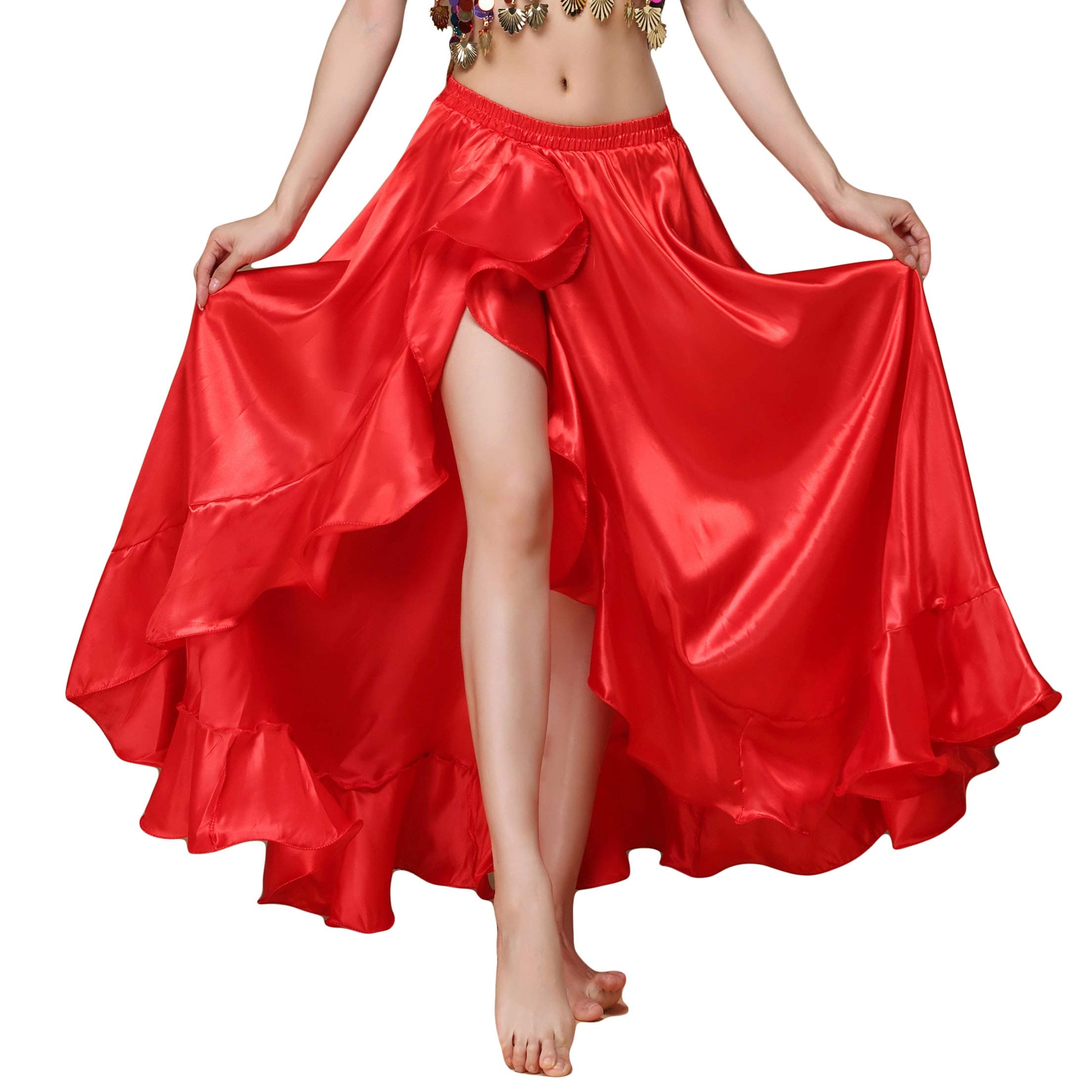 MUNAFIE Belly Dance Skirt Satin Split Side Long Skirts for Women
