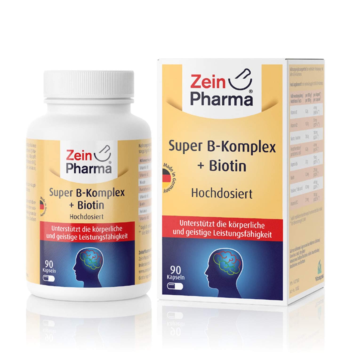 ZeinPharma Vitamin B-Complex • 90 Capsules (3-Months-Supply) • with All Important B Vitamins as Folic Acid, Niacin, Biotin, B6 etc. • Made in Germany