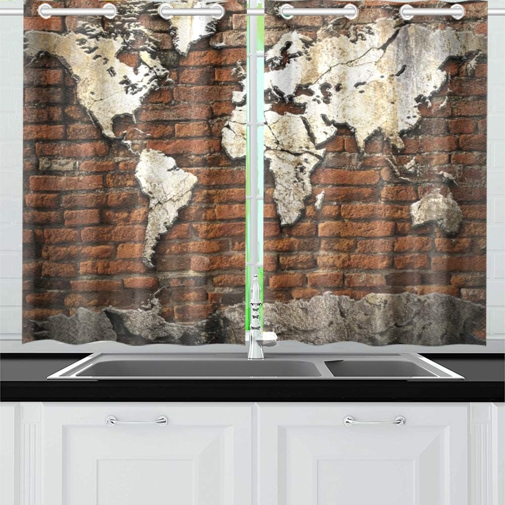 JIUCHUAN Grunge Concrete World Map On Old Kitchen Curtains Window Curtain Tiers For Café, Bath, Laundry, Living Room Bedroom 26 X 39 Inch 2 Pieces