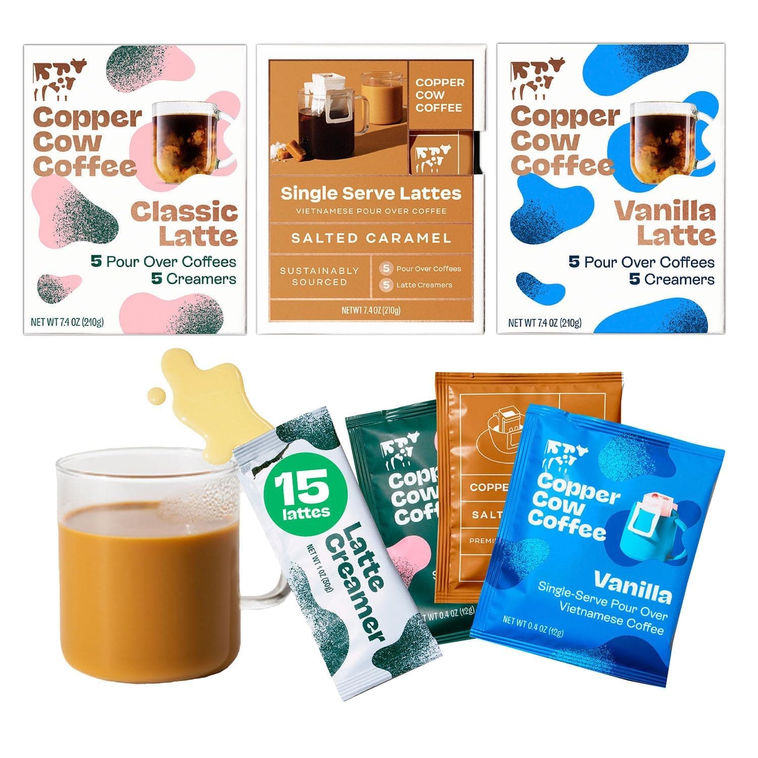 Copper Cow Vietnamese Coffee Variety Pack (15 Coffees & 15 Creamers)| Classic, Vanilla, & Salted Caramel Latte | Pour Over Single-Serve Lattes, No Refrigeration Needed, Travel Friendly Ground Coffee