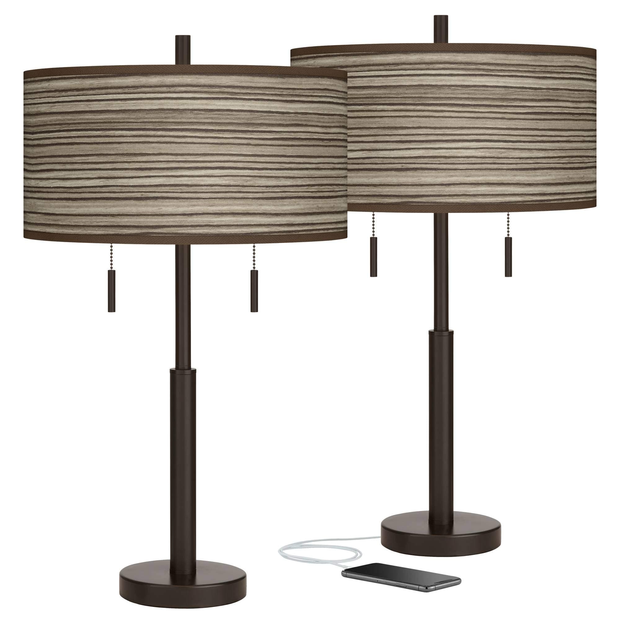 Cedar Zebrawood Robbie Bronze USB Table Lamps Set of 2 with Print Shade