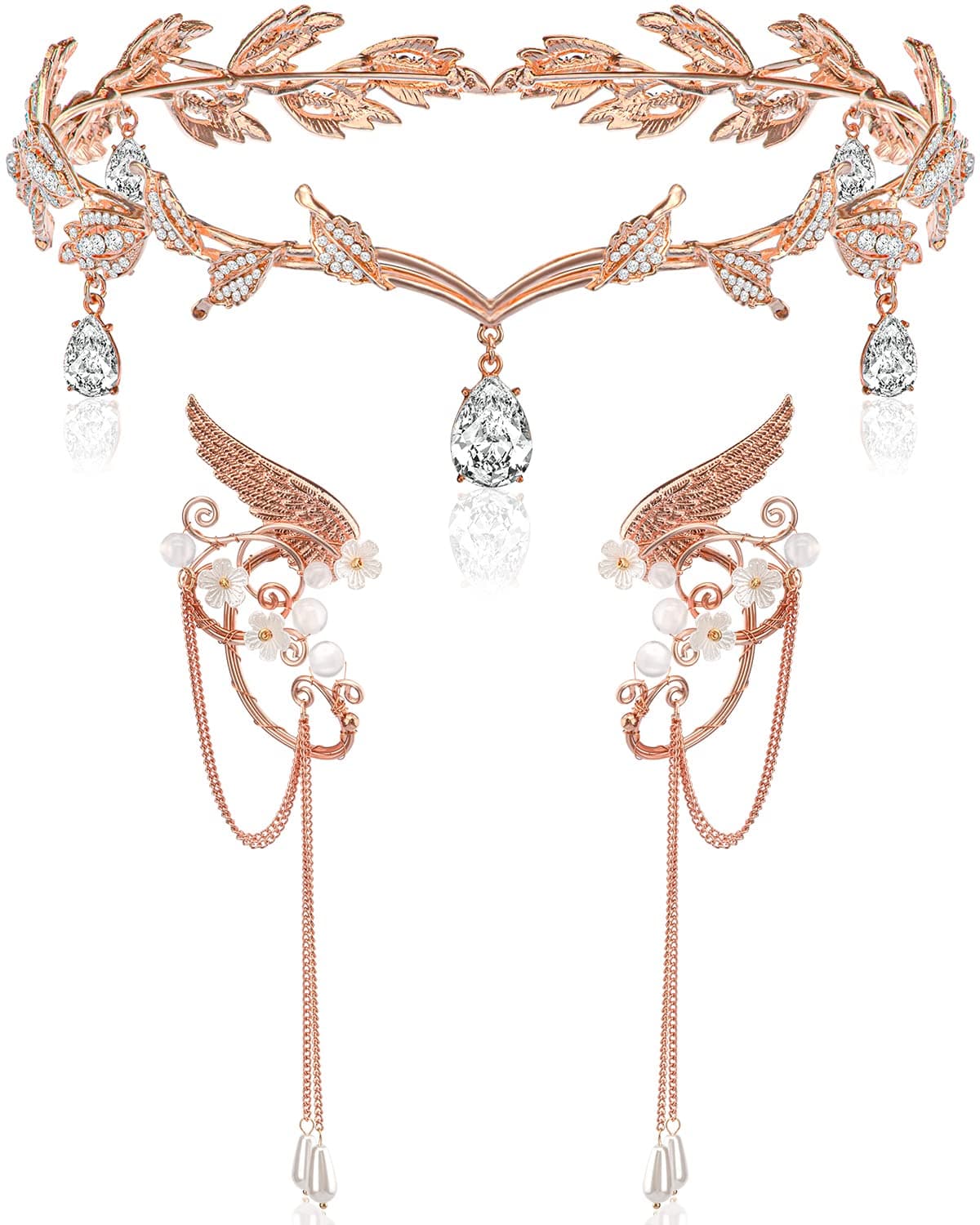 Rhinestone Tiara Crown Headband with Elf Ears, Crystal Rhinestone Fairy Elf Leaf Crowns Tiaras Headband for Girls Women Princess Wedding Birthday Party Halloween Christmas Costume (Rose Gold)