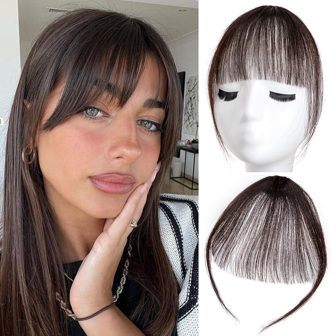 Bangs Hair Clip in Bangs 100% Real Human Hair Extensions Wispy Bangs Clip on Air Bangs for Women Hairpieces Curved Bangs for Daily Wear (A-Brown Black, Wispy Bangs)
