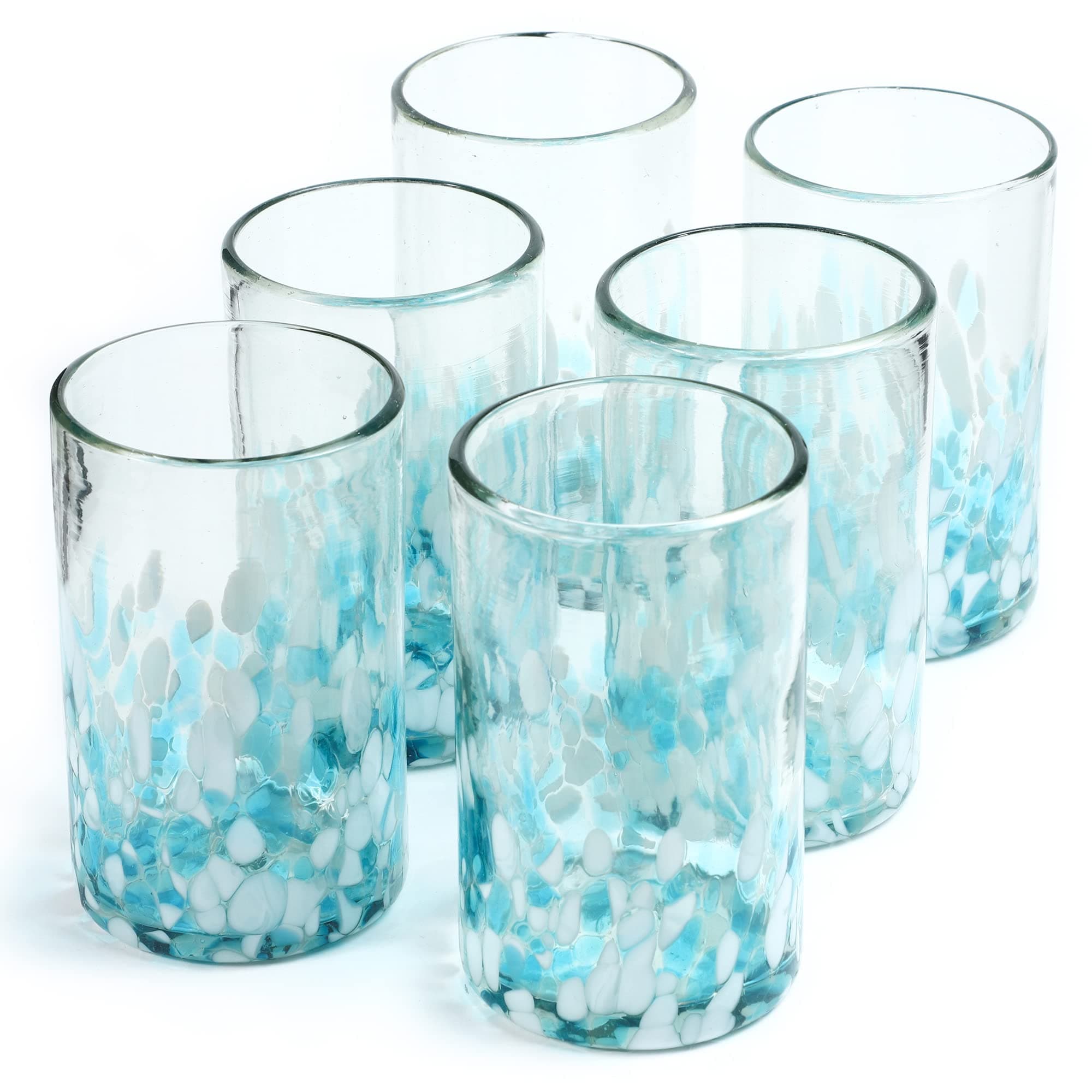 Handmade con Amor - 15 oz Hand Blown Mexican Drinking Glasses - Set of 6 tumblers, 13-15 fl oz each, Ocean Blue Confetti