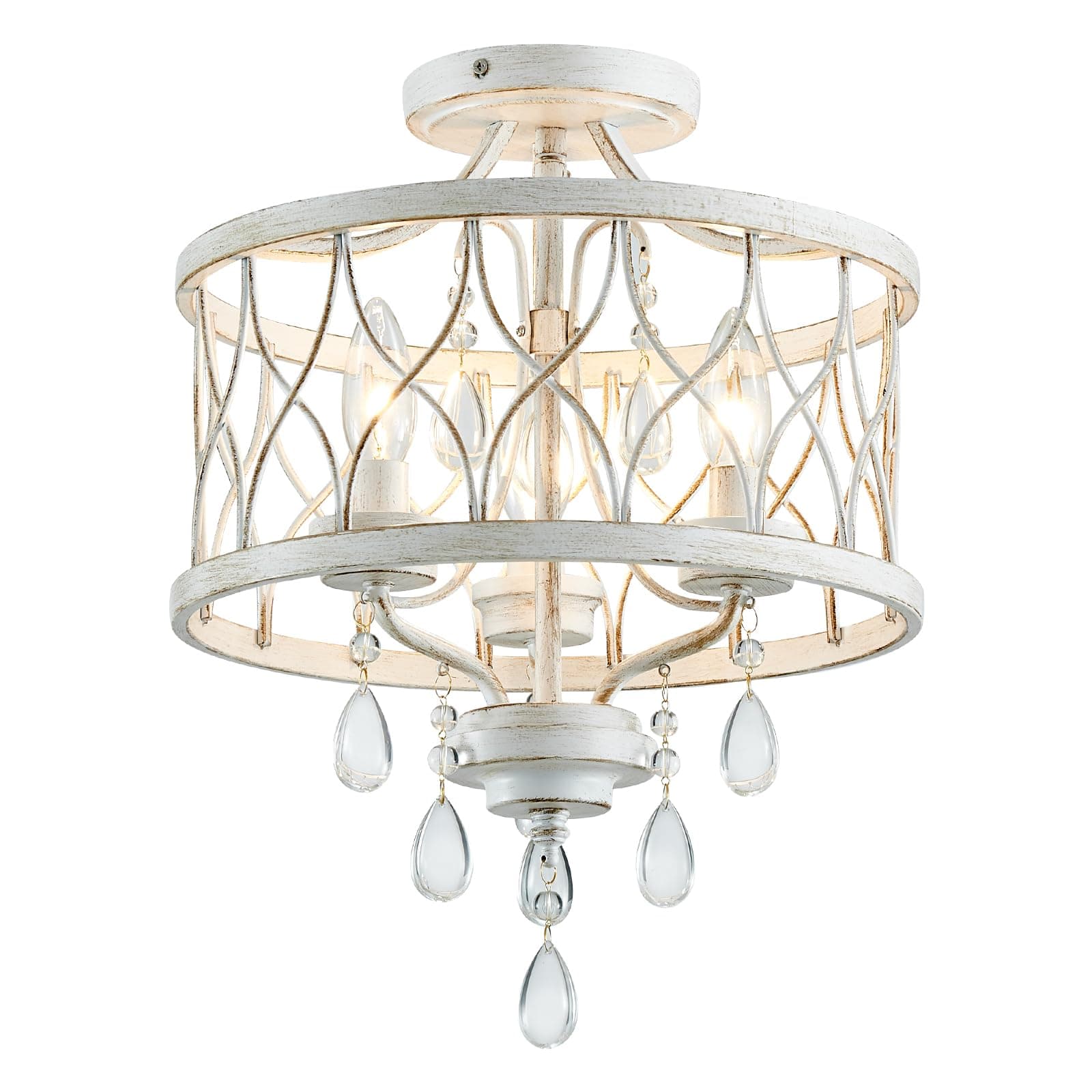 Farmhouse Crystal Ceiling Light Fixture, 3-Light Semi Flush Mount Crystal Chandelier Light Fixture Rustic Vintage White Pendant Ceiling Lamp for Hallway Corridor Kitchen Entryway Bedroom Living Room