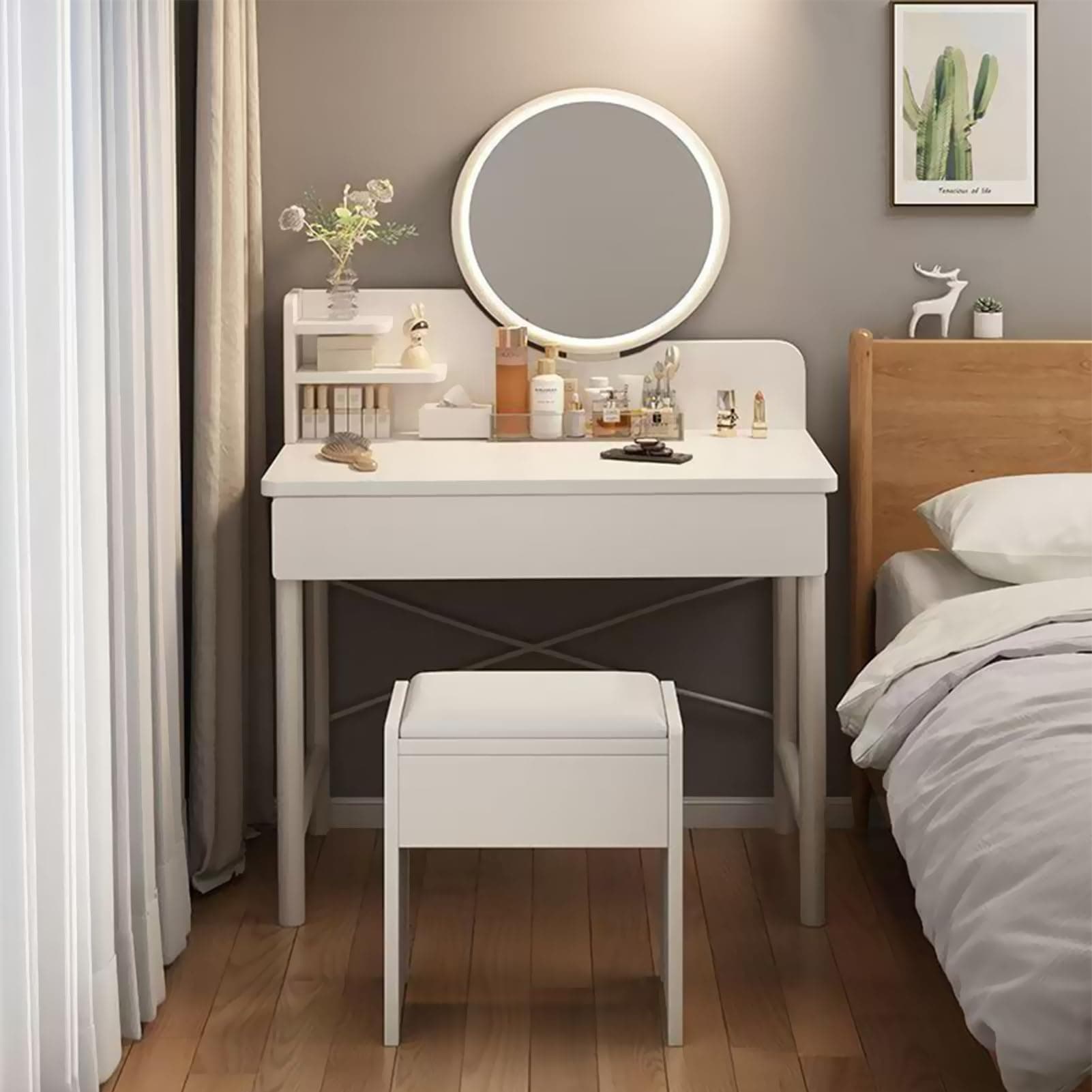 DAYONG Makeup Vanity Table, Dressing Table with Mirror and Led Lights, Makeup Storage Cabinet Small Vanity Table with Drawer for Bedroom (white-60 * 40 * 125.5cm)