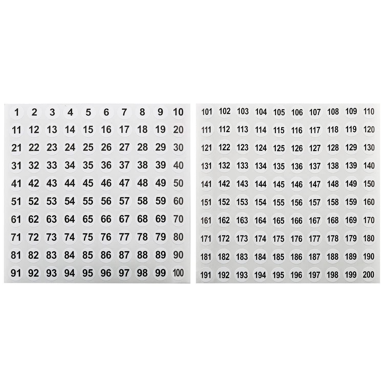 Vinyl Number Sticker 1-200, White on Black, 20 Sheets, 0.4 Inch Round, Self-Adhesive, Waterproof, Indoor Use, 2000 Pieces in Total