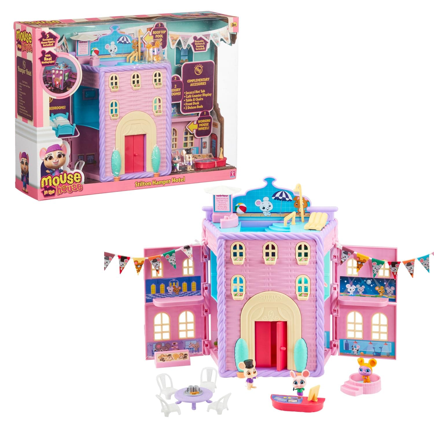 MOUSE IN THE HOUSE, Hotel de Millie, with 3 exclusive mouse figures, accessories and glow in the dark stickers, toy for children aged 3 and up, MUN00