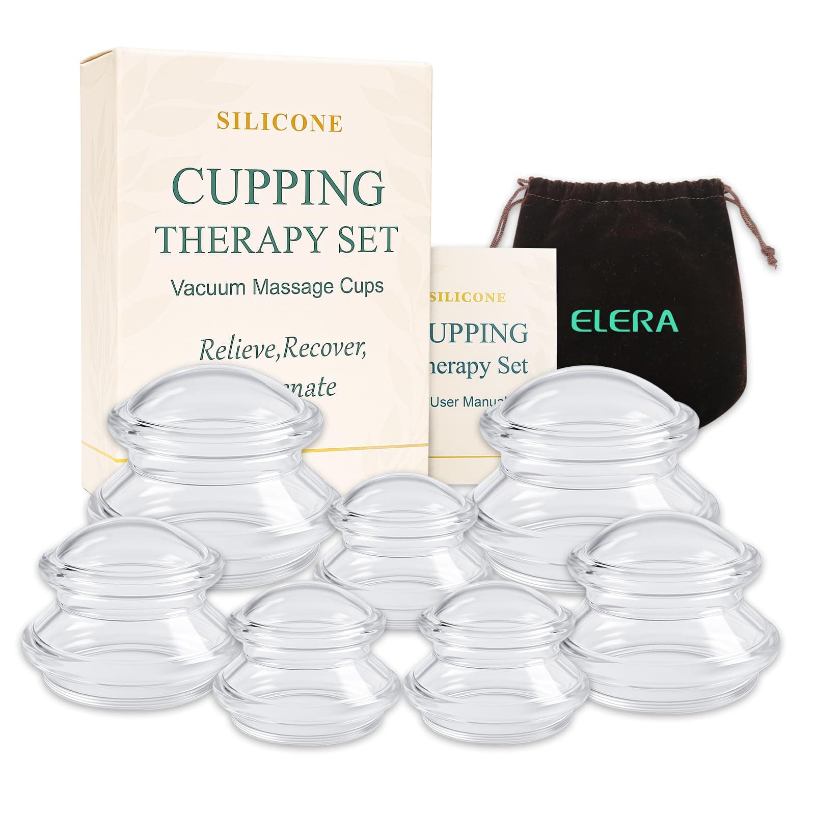 ELERA Silicone Cupping Therapy Set, Professionally Chinese Massage Cups for Cupping Therapy and Cellulite Reduction (7 Cups)