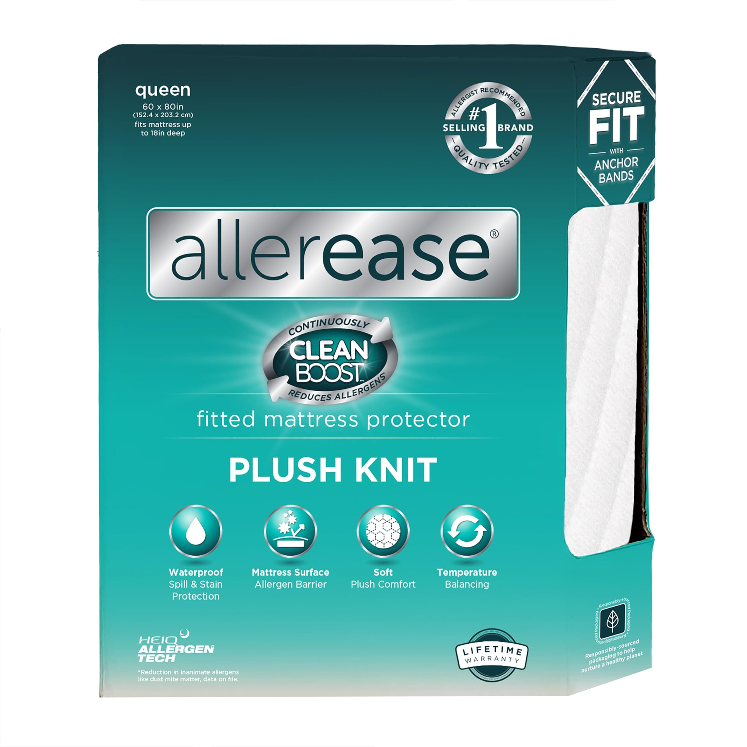 Aller-Ease Clean Boost Plush Knit Mattress Protector, Queen