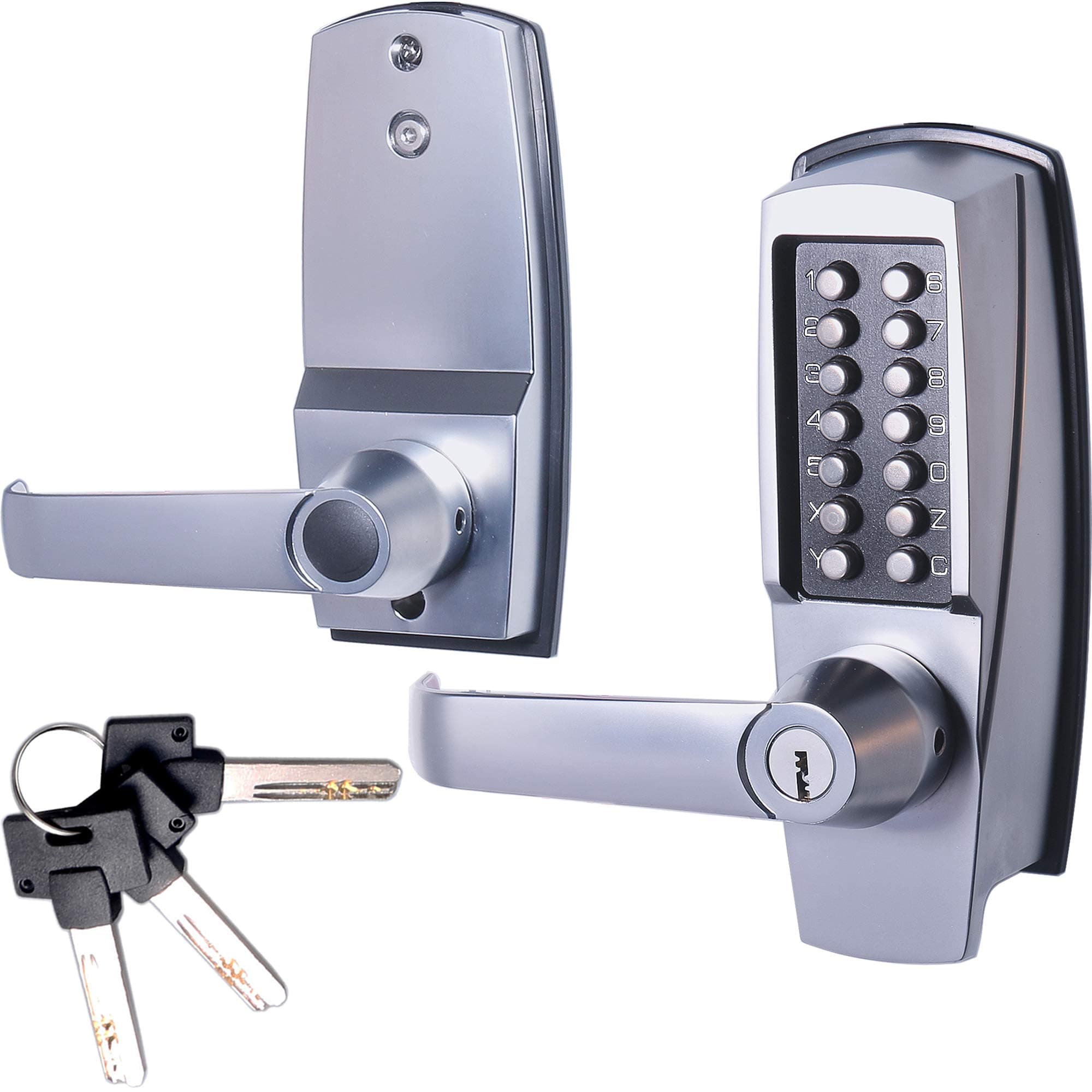 MUTEXMX600 Mechanical Push Button Lever Lock, 60mm 2 3/8" Backset Latch, 13 Digit Keypad, Keyless Entry Commercial & Residential, Fits Standard 2 1/8" Pre-Drilled Holes, Satin Chrome