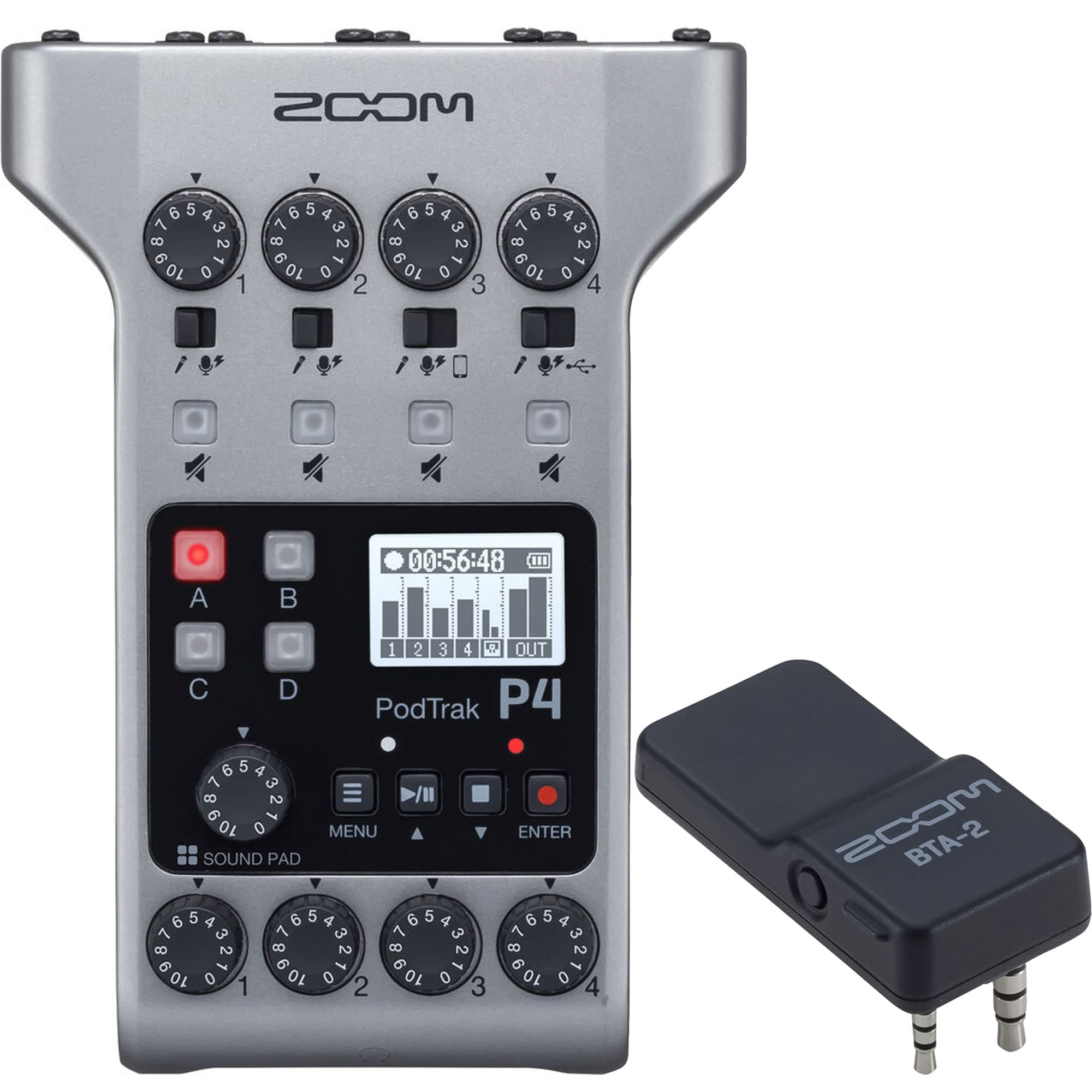 Zoom PodTrak P4 Portable Multitrack, 4 Microphone Inputs, 4 Headphone Outputs, & BTA-2 Bluetooth Adapter