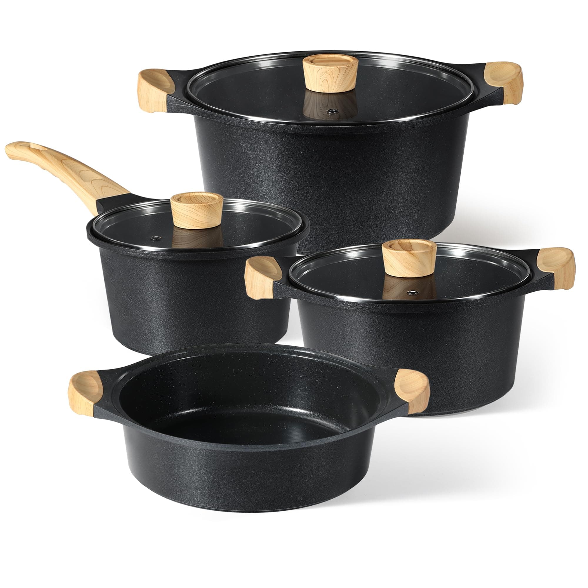 CAROTE 7pcs Pots and Pans Set Nonstick, Induction Cookware Set, Non-toxic Healthy Non Stick Cooking Set, Black