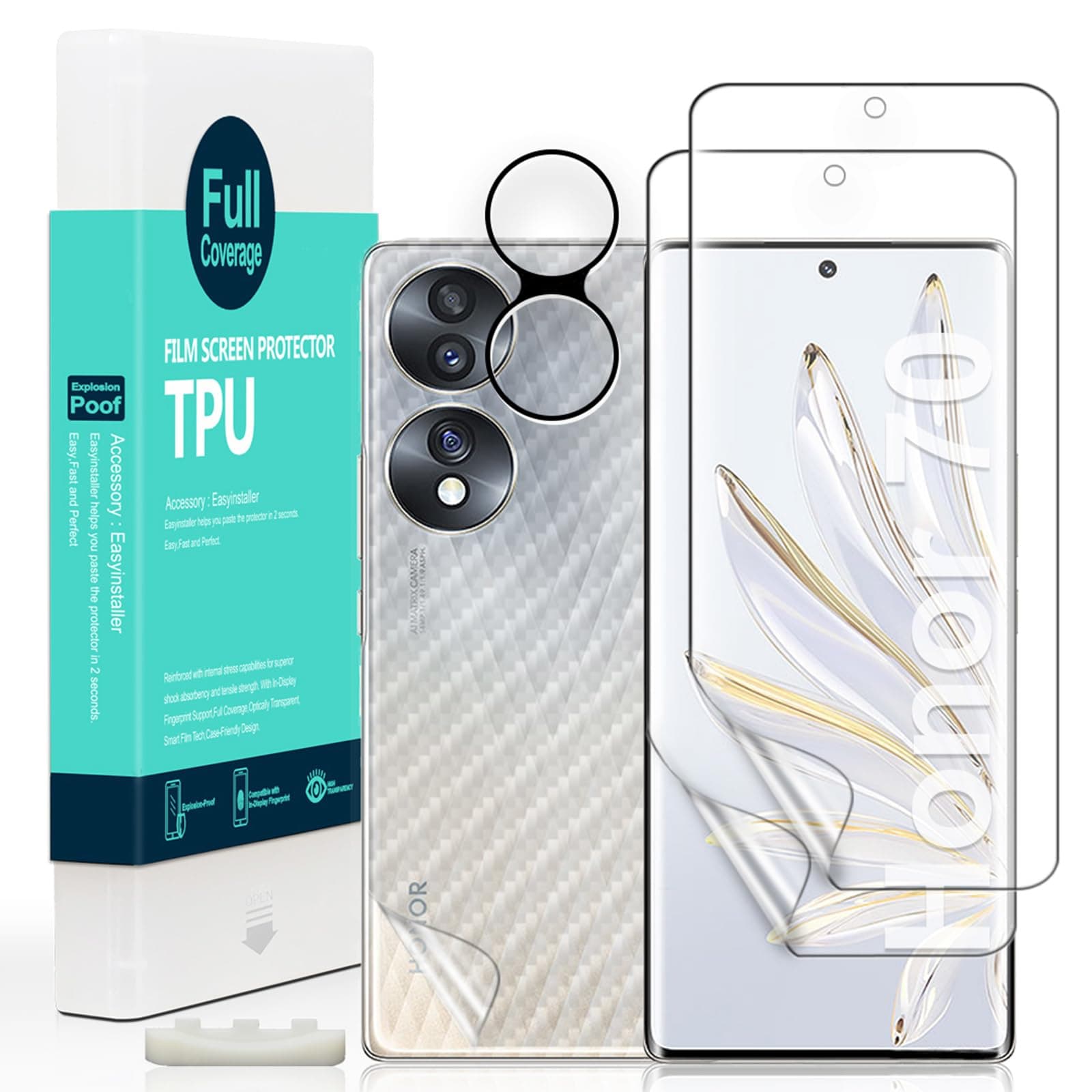 Ibywind 2 Pcs Screen Protector For Honor 70 5G 6.67",Flexible TPU Film,With 1Pc Camera Lens Protector,1Pc Back Film[Easy to install,Case Friendly,HD Clear,Bubble Free,Fingerprint Compatible]